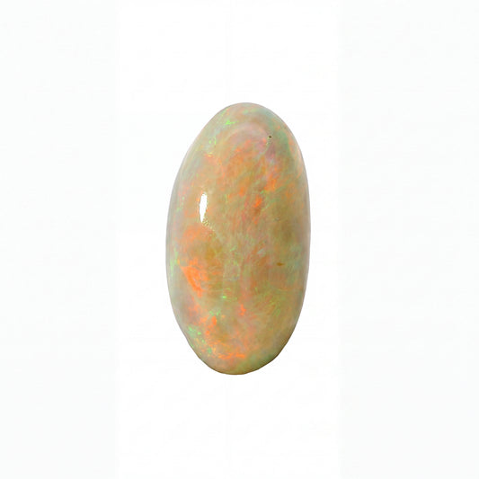 A polished oval cabochon opal gemstone displaying a play-of-colour with orange, green, and cream tones, set against a plain white background.