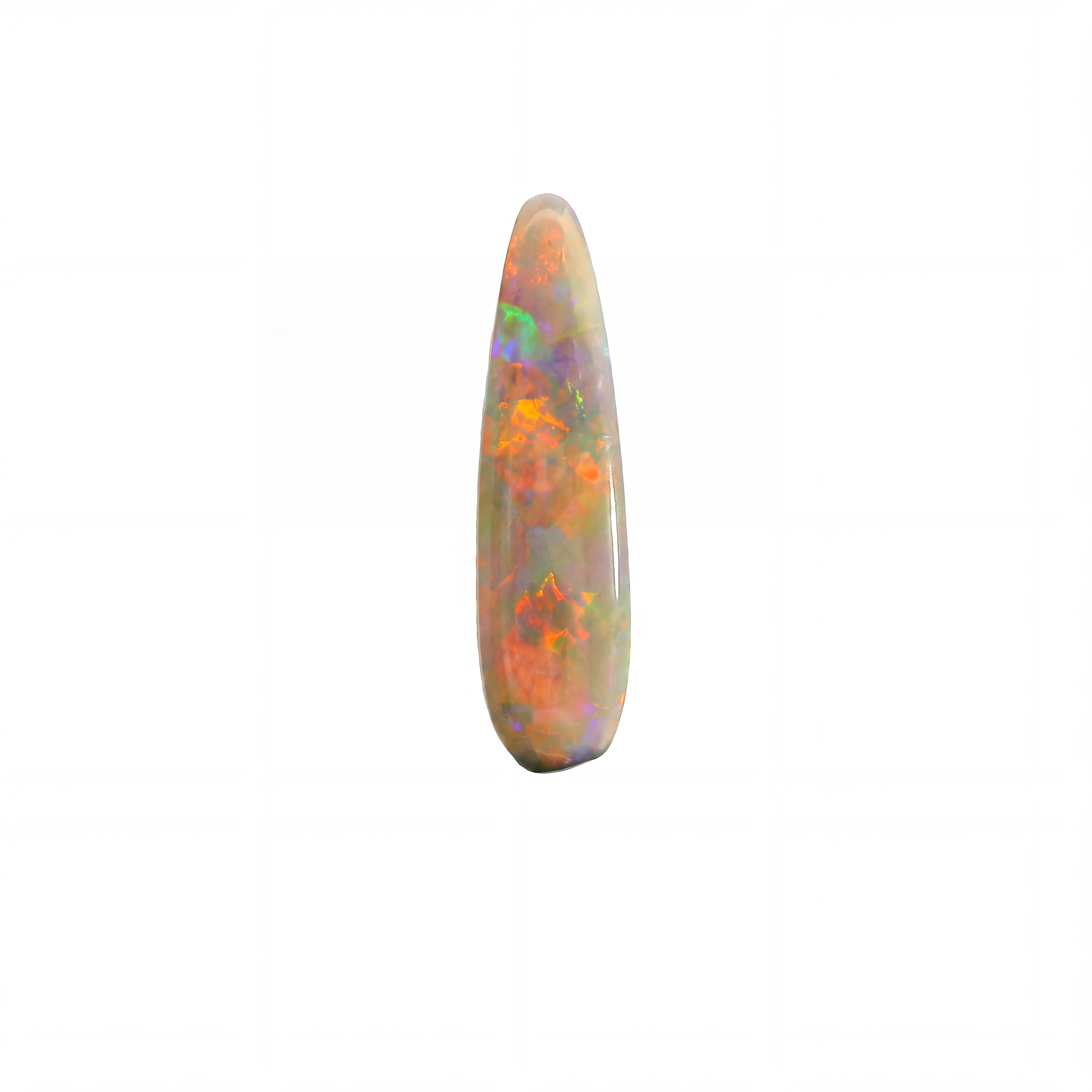 A teardrop-shaped cabochon opal gemstone displaying vibrant iridescent flashes of orange, green, blue, and purple on a white background.