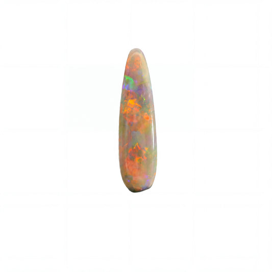 A teardrop-shaped cabochon opal gemstone displaying vibrant iridescent flashes of orange, green, blue, and purple on a white background.