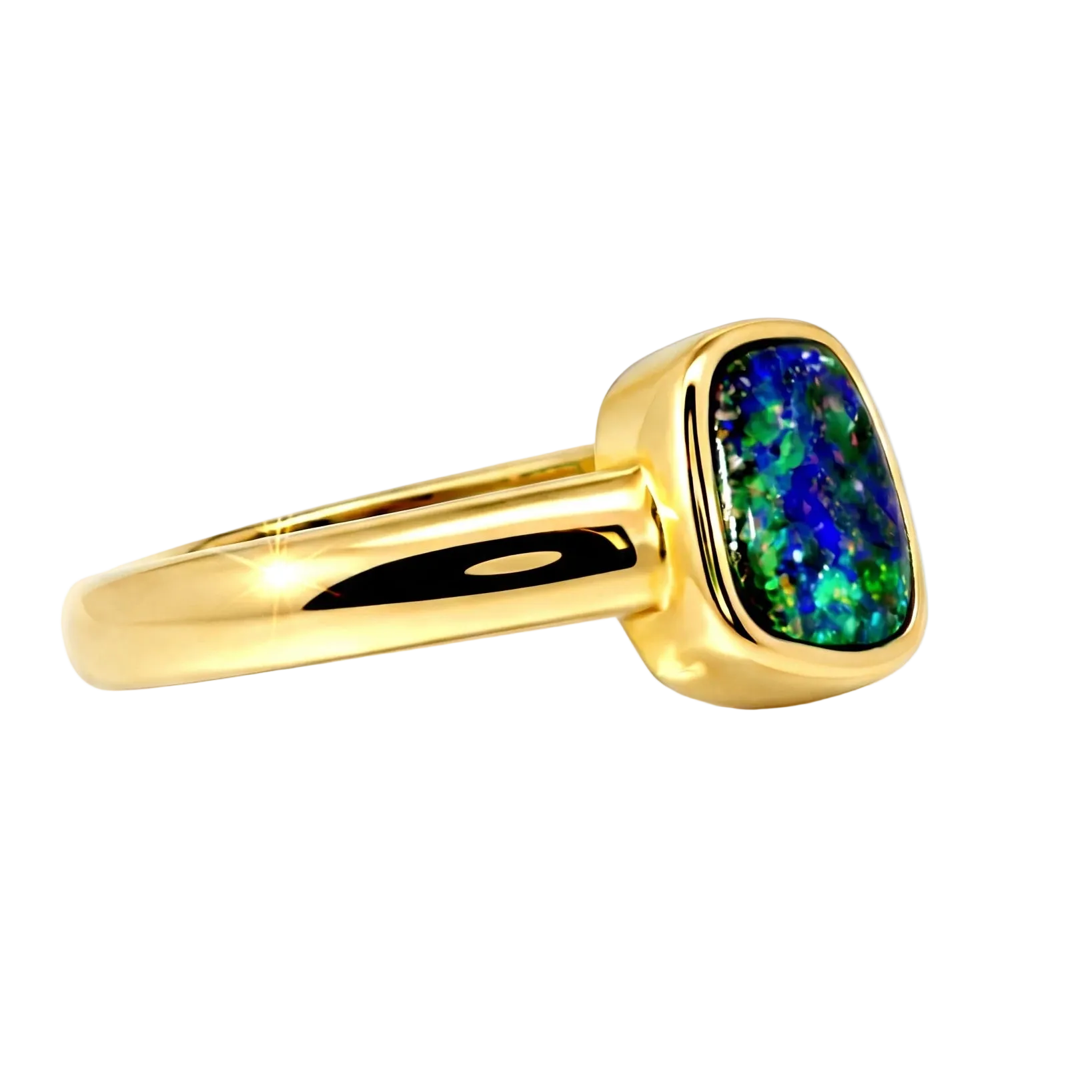 Boulder Opal Ring in 14K Yellow Gold (Green-Blue) - Australian Opal Cutters and Pearl Divers