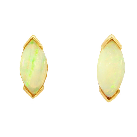 A pair of gold stud earrings featuring marquise-cut white opal gemstones with green and yellow flashes, set in gold prong settings against a plain white background.