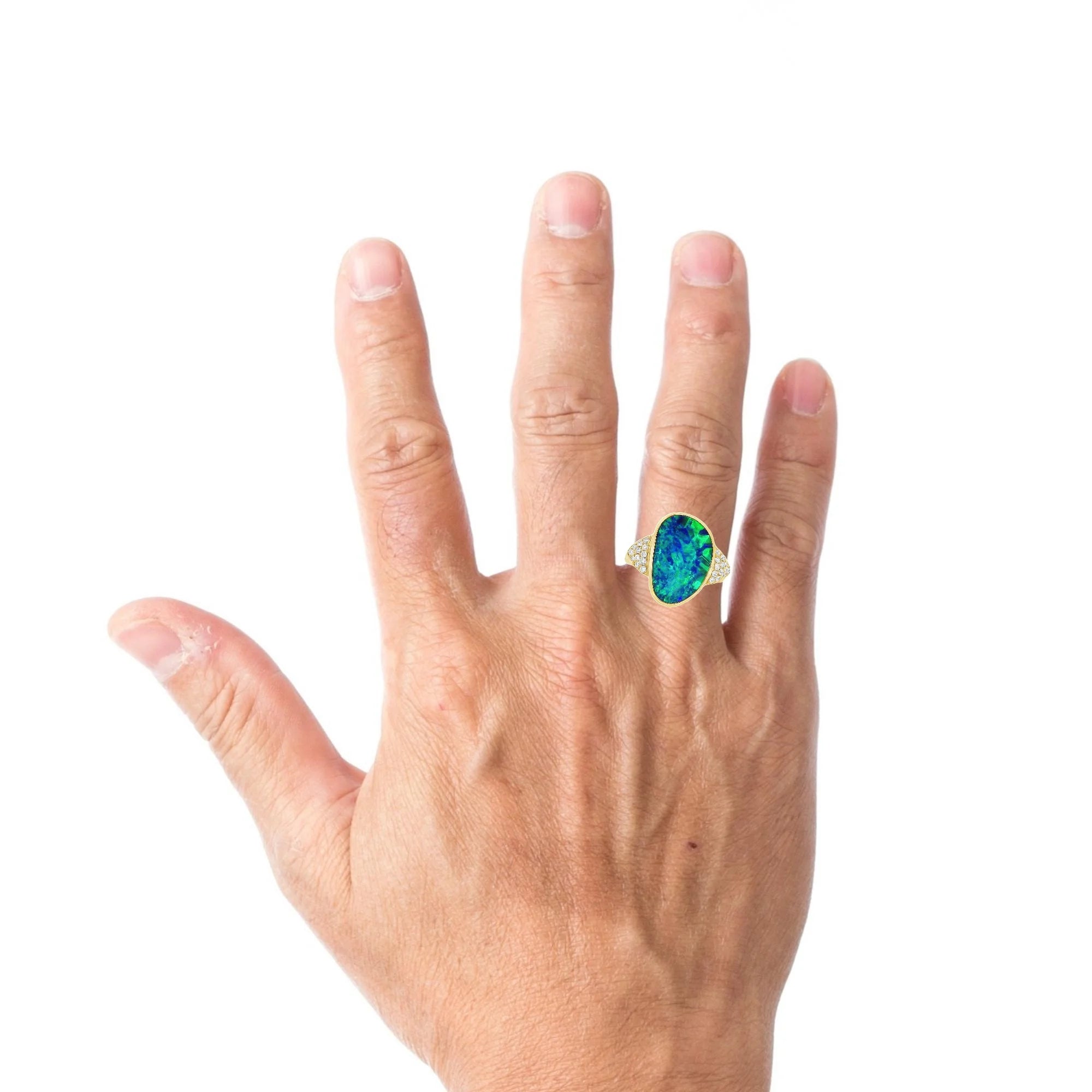 Doublet Opal Men's Ring in 14K Yellow Gold - Green-Blue