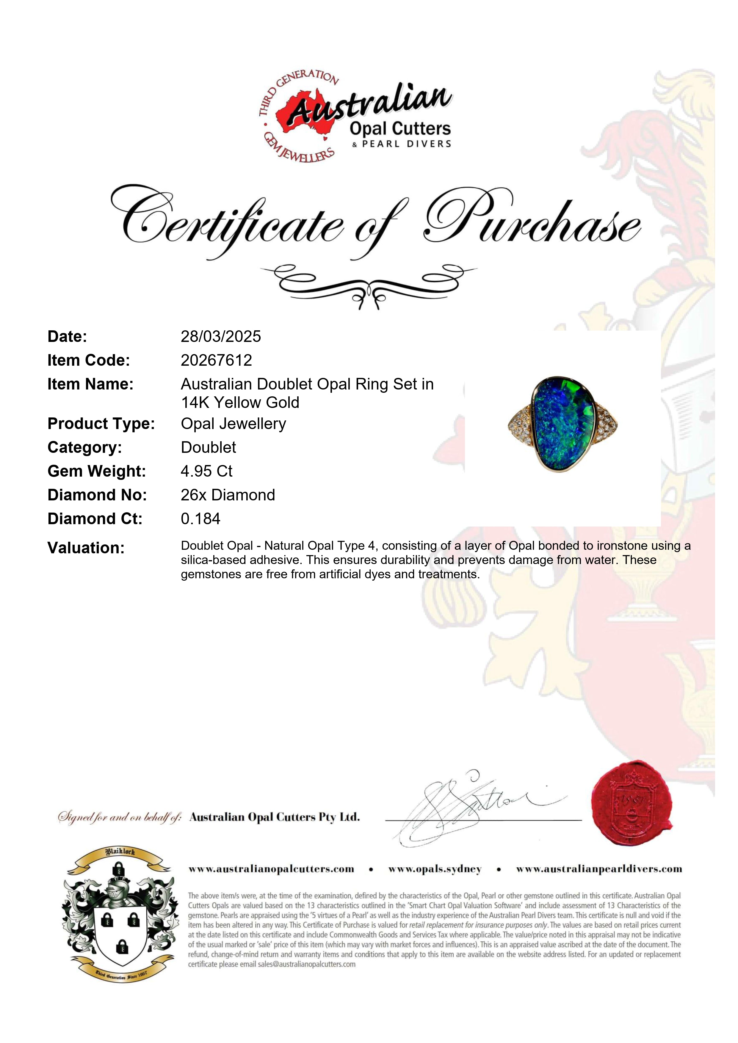 Doublet Opal Men's Ring in 14K Yellow Gold - Green-Blue