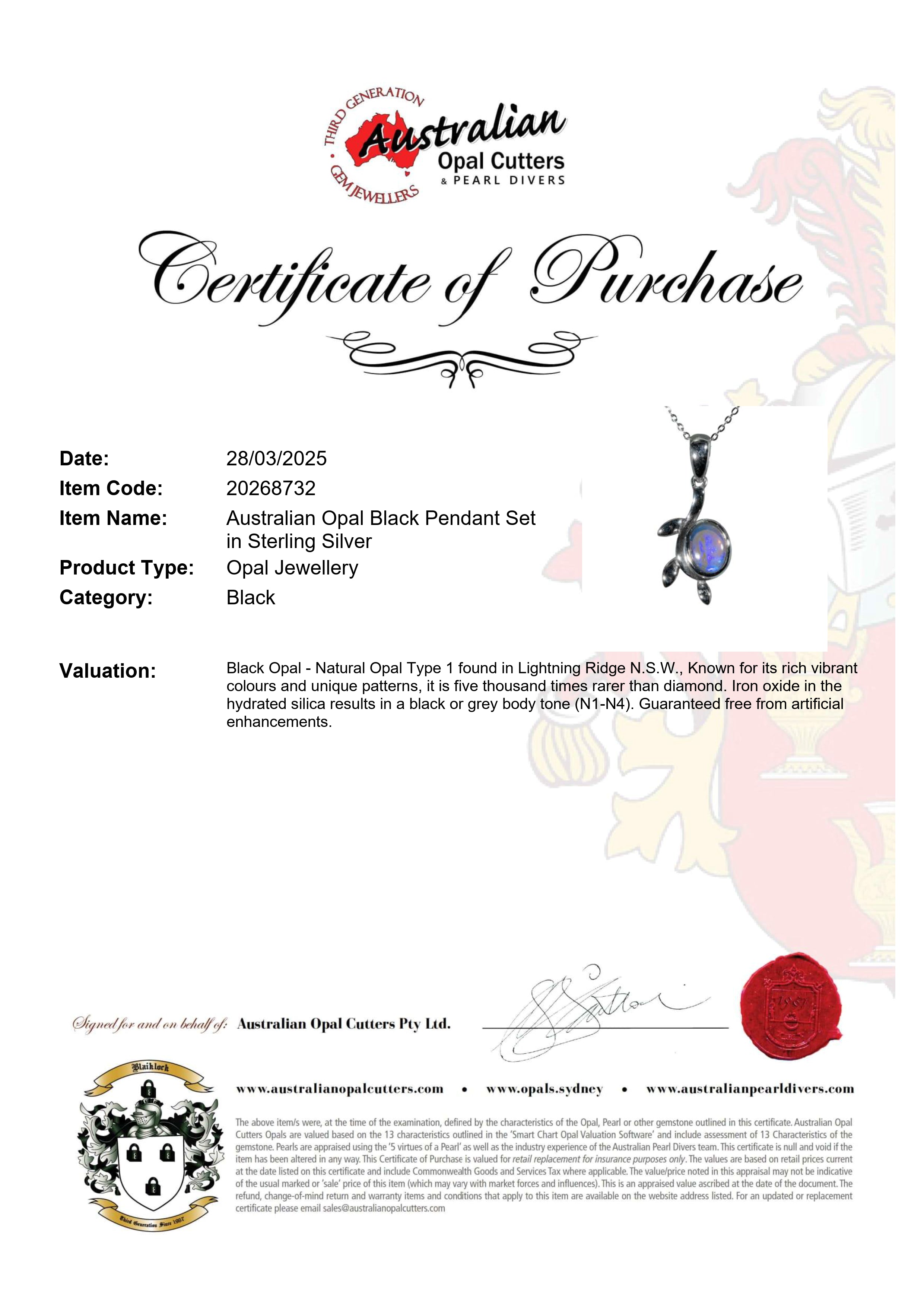 Black Opal Pendant in 925 Sterling Silver - Multicolour