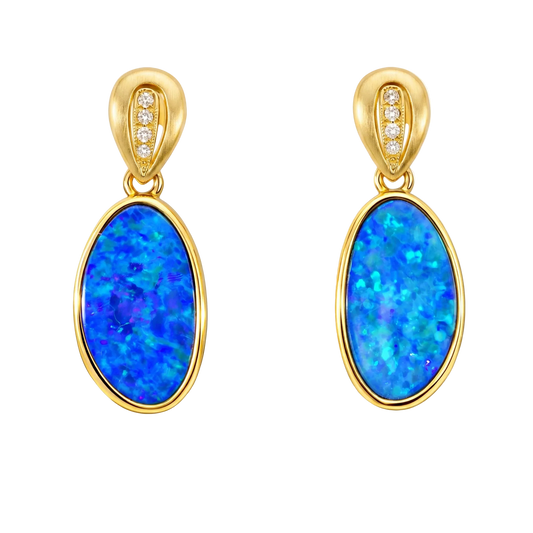 Doublet Opal Earrings in 14K Yellow Gold (Green-Blue) - Australian Opal Cutters and Pearl Divers