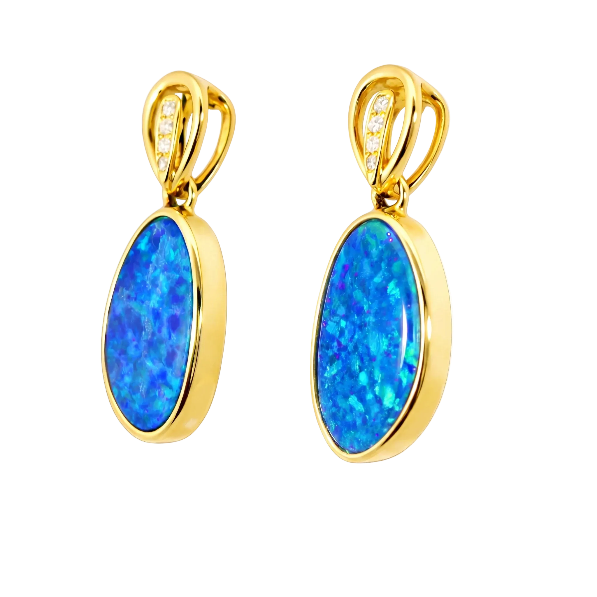 Pair of gold earrings with blue opal stones on a white background