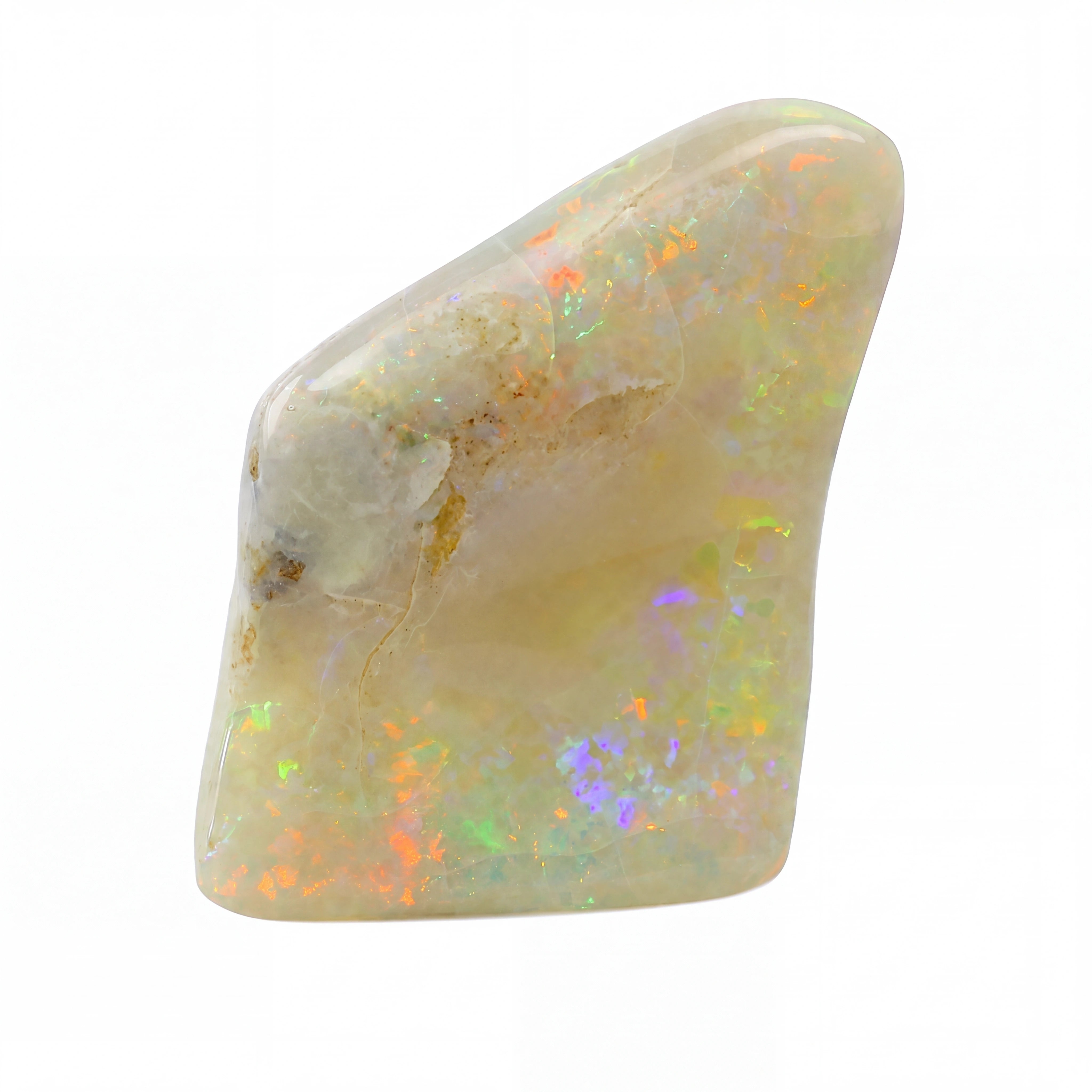 A polished natural opal stone with a smooth, irregular shape, displaying a creamy off-white base with vibrant, shifting iridescent flashes of orange, green, purple, and blue on a solid white background.