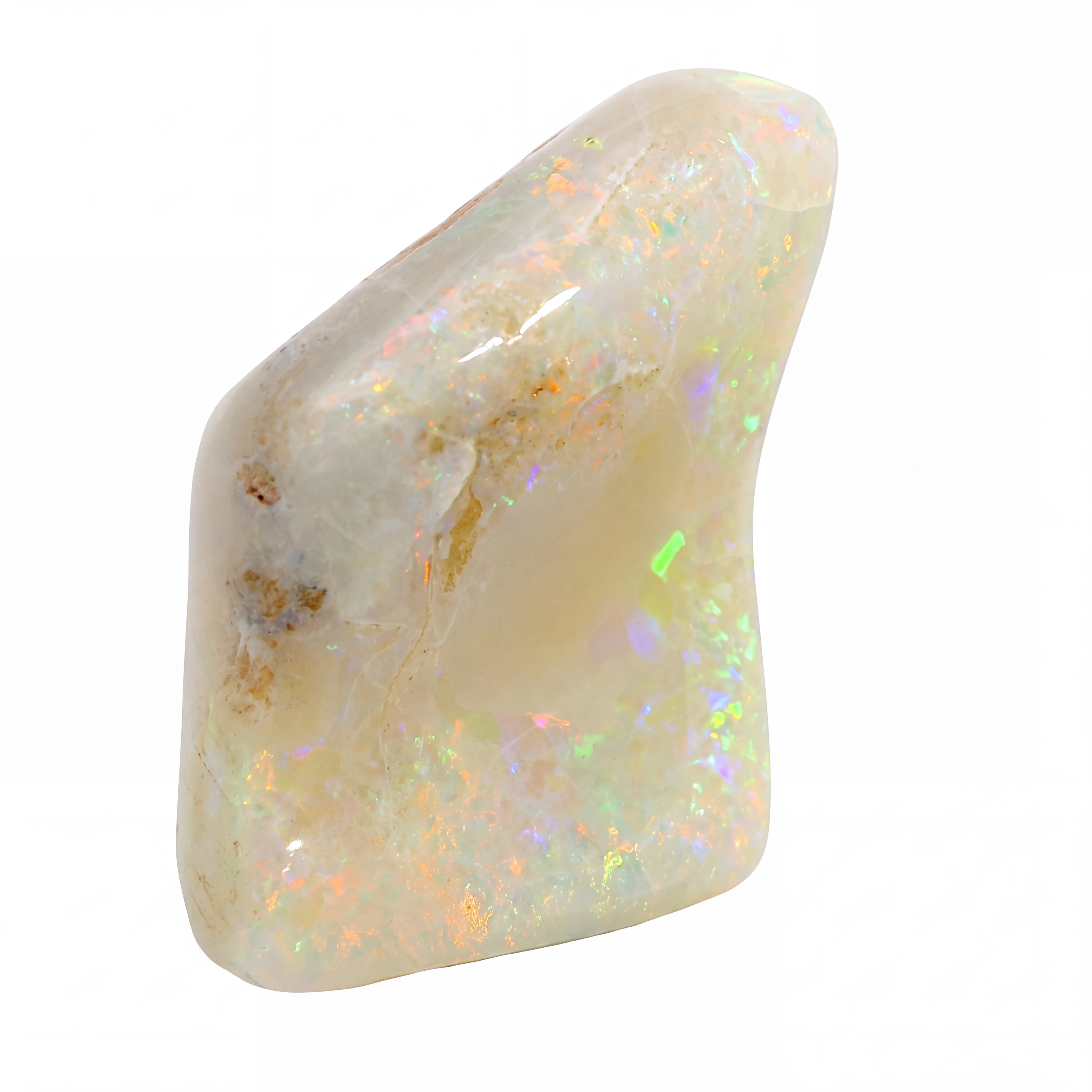 A polished natural opal stone with a smooth, irregular shape, displaying a creamy off-white base with vibrant, shifting iridescent flashes of green, orange, and purple. The stone is photographed on a seamless white background.