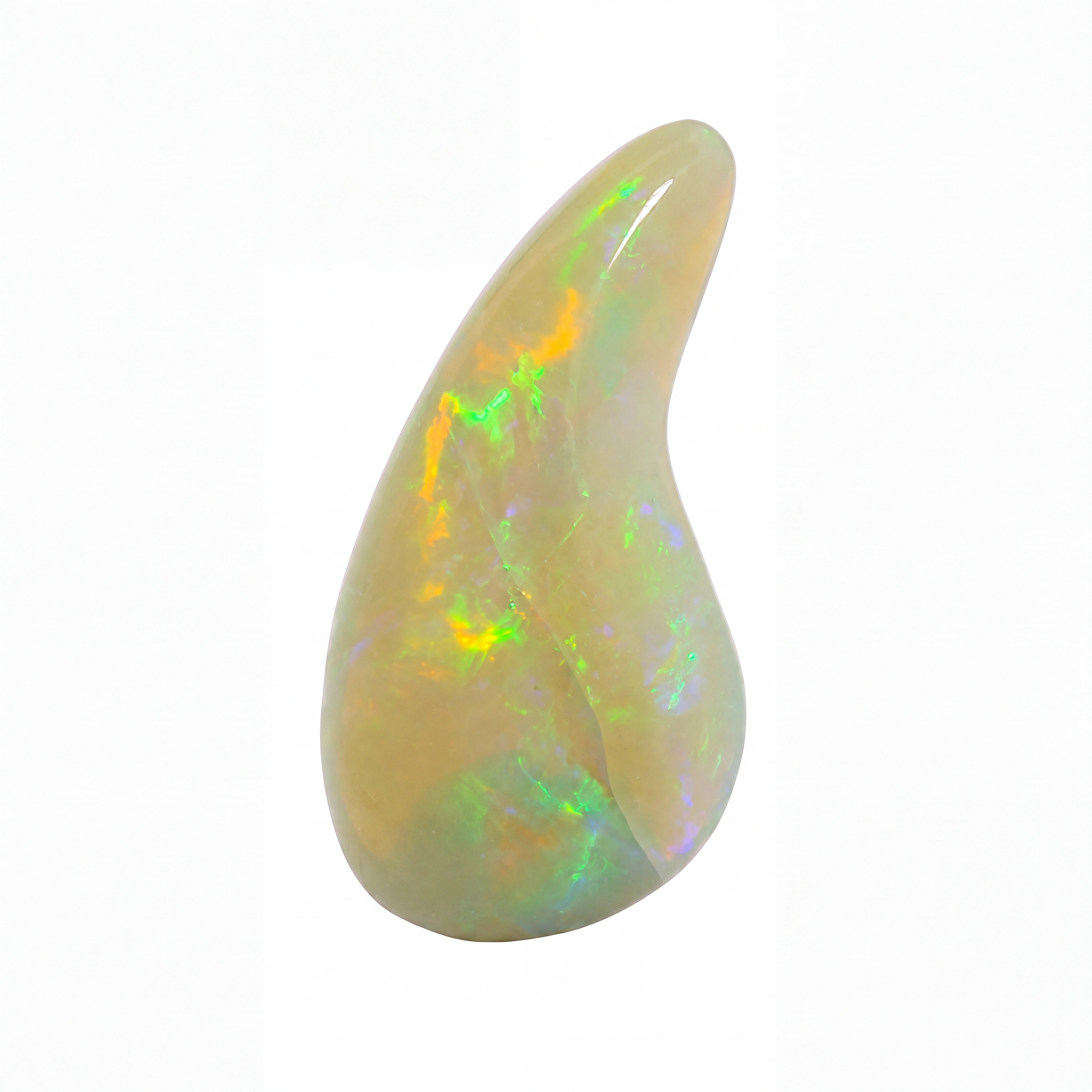 A polished teardrop-shaped opal gemstone with a creamy off-white base and vibrant iridescent flashes of green, yellow, and blue, set against a plain white background.