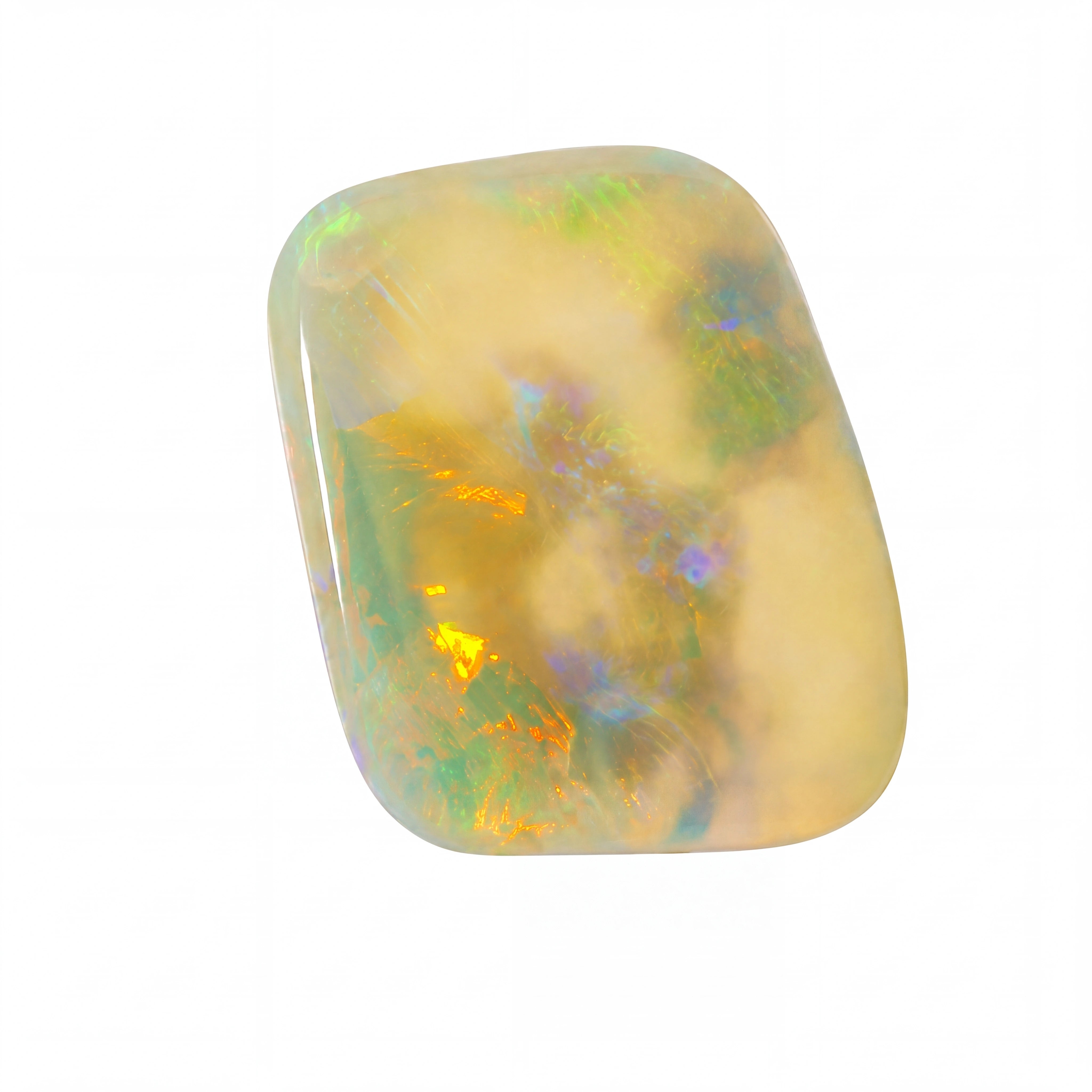A polished cabochon opal gemstone with a creamy yellow base and vibrant iridescent flashes of green, blue, orange, and purple, shown on a solid white background.