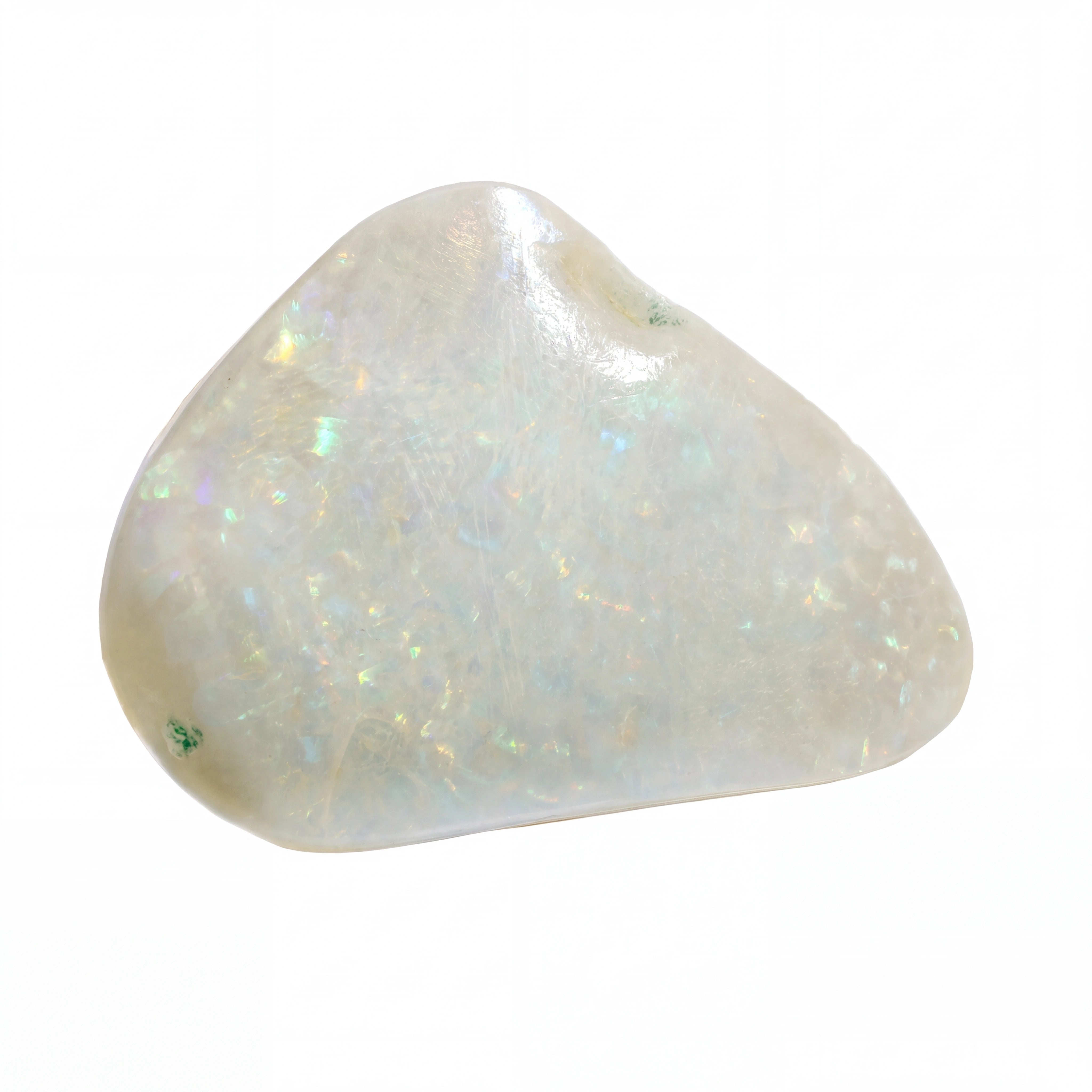 A polished, irregular-shaped white opal gemstone with iridescent flashes of green, blue, and gold, displayed on a clean white background.