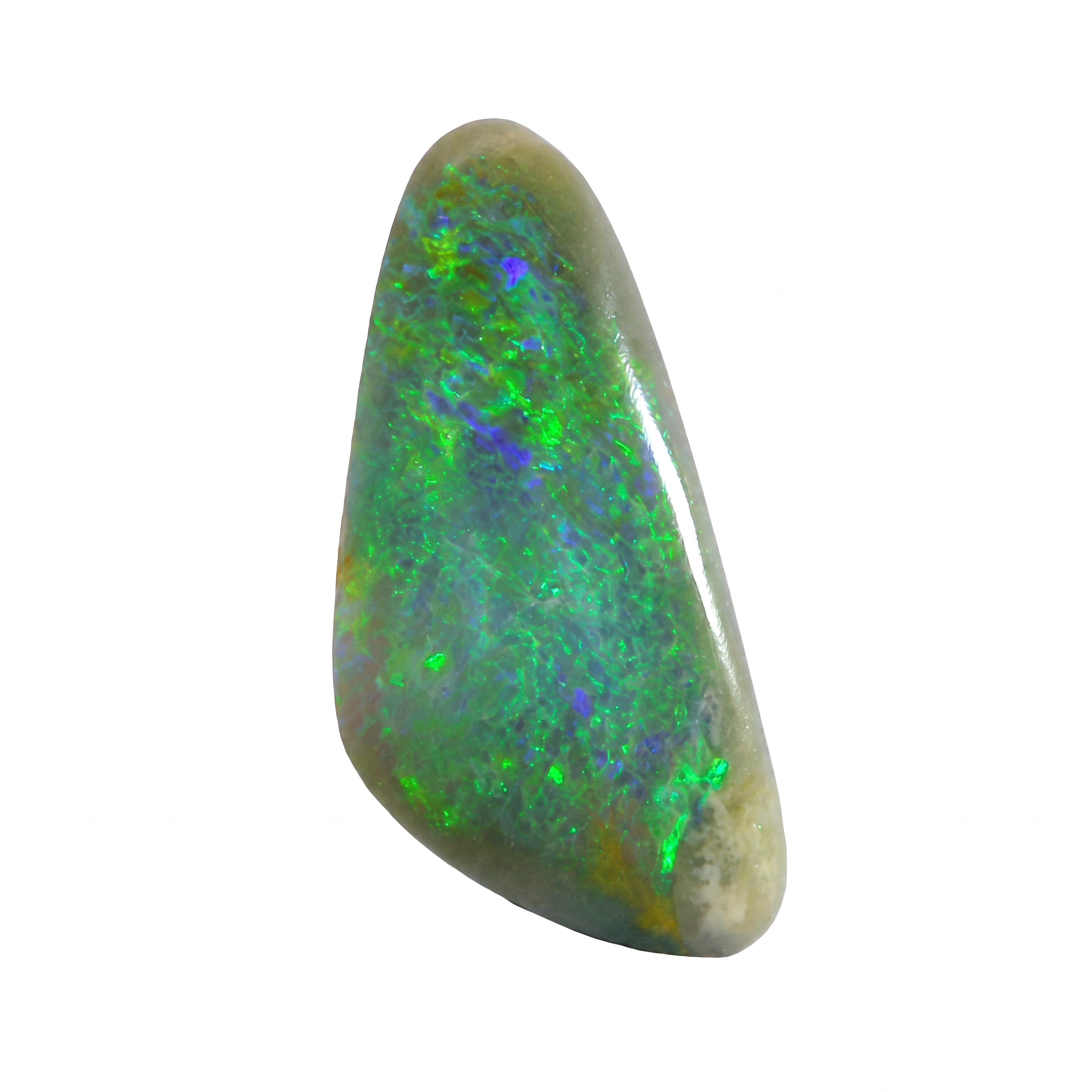 A polished tumbled opal stone with vibrant green, blue, and orange flashes on a light grey base, isolated on a white background.
