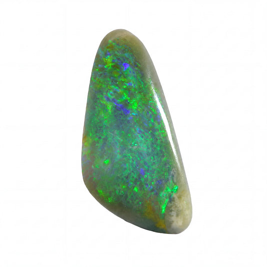 A polished tumbled opal stone with vibrant green, blue, and orange flashes on a light grey base, isolated on a white background.