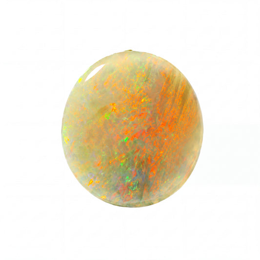 A polished oval cabochon gemstone showing a play-of-colour pattern with vibrant orange, green, and yellow flashes over a pale cream and yellow base, set against a plain white background.