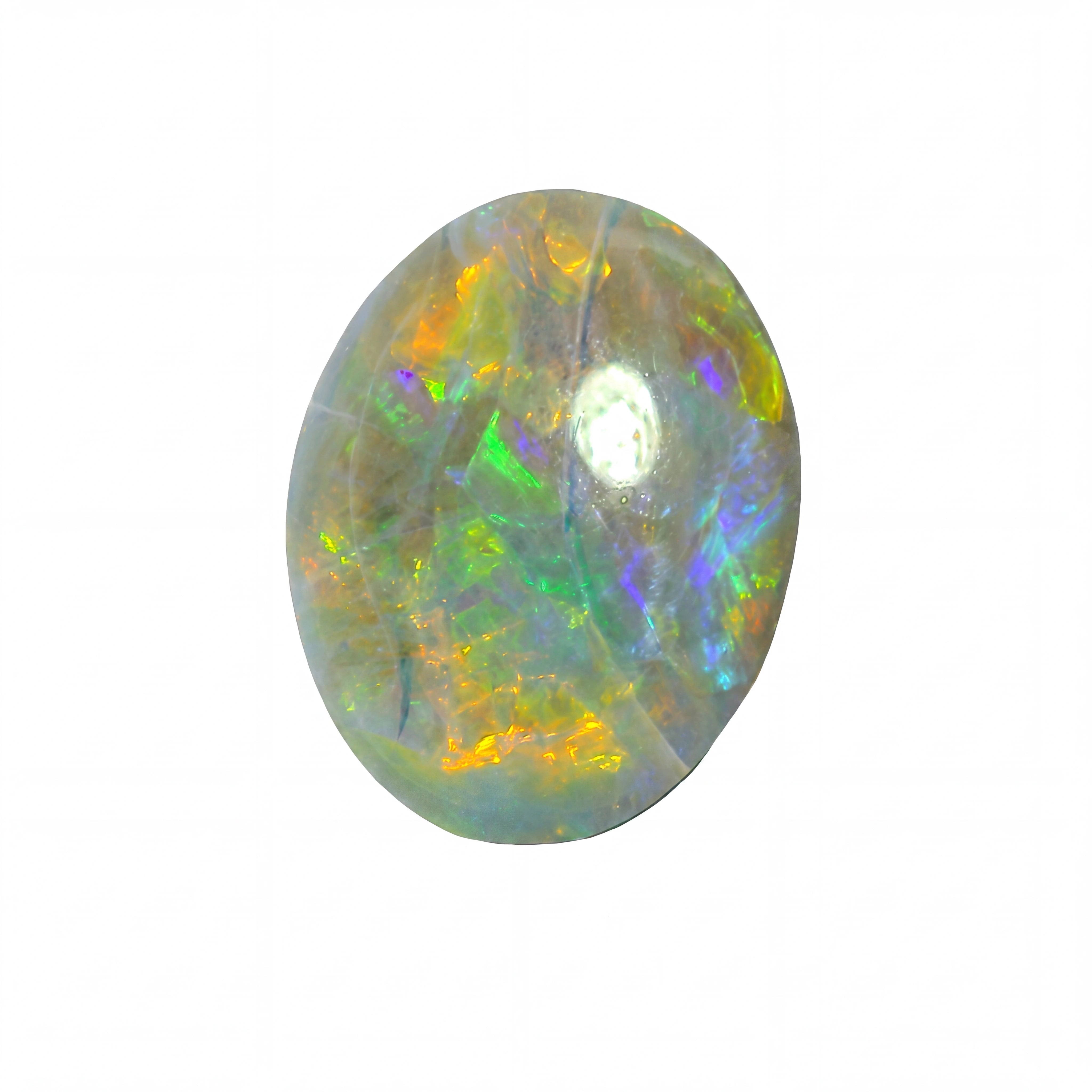 A single oval cabochon opal gemstone displaying a vibrant play-of-colour with green, orange, yellow, blue, and purple flashes on a solid white background.