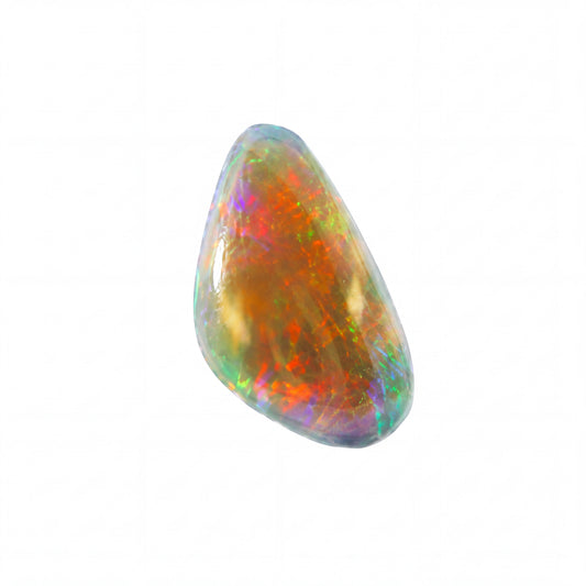 A polished teardrop-shaped opal gemstone displaying vibrant iridescent colours including orange, red, green, and blue on a solid white background.