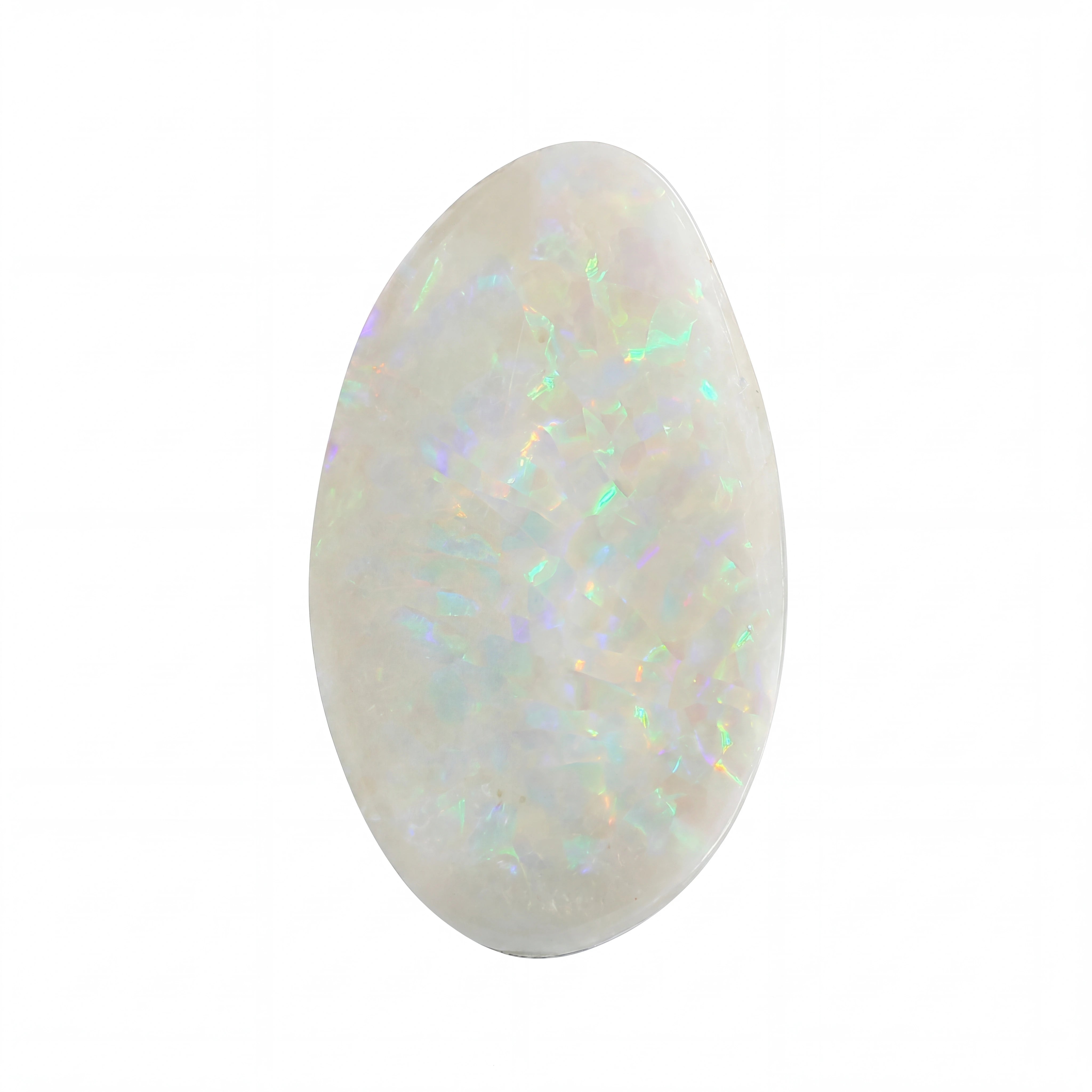 A polished teardrop-shaped white opal gemstone with vibrant iridescent flashes of green, blue, and pink, isolated on a solid white background.