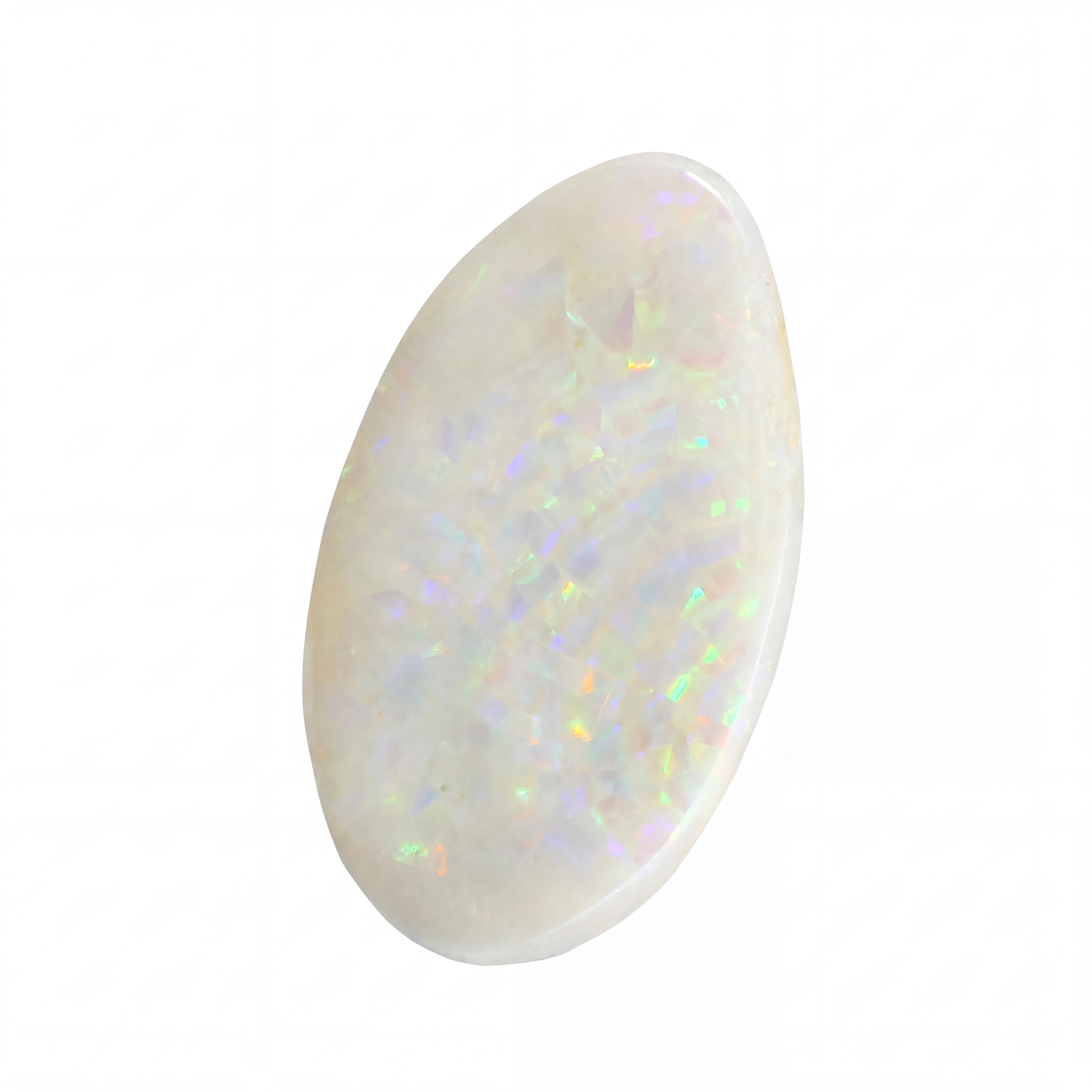 A polished oval cabochon gemstone with a milky white base and iridescent flashes of pastel rainbow colors, shown on a plain white background.