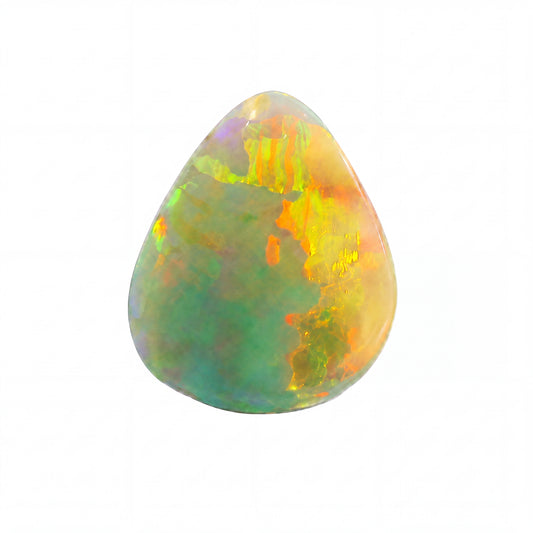 A teardrop-shaped loose opal gemstone displaying vibrant flashes of green, orange, yellow, and purple on a solid white background.