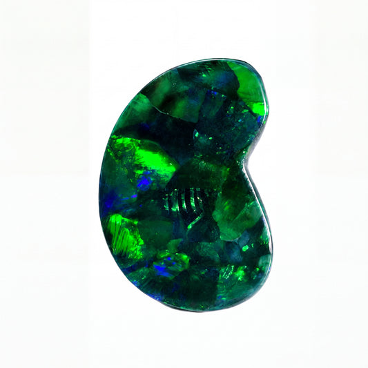 A polished organic-shaped opal gemstone with vibrant green, blue, and black flashes, displayed on a clean white background.