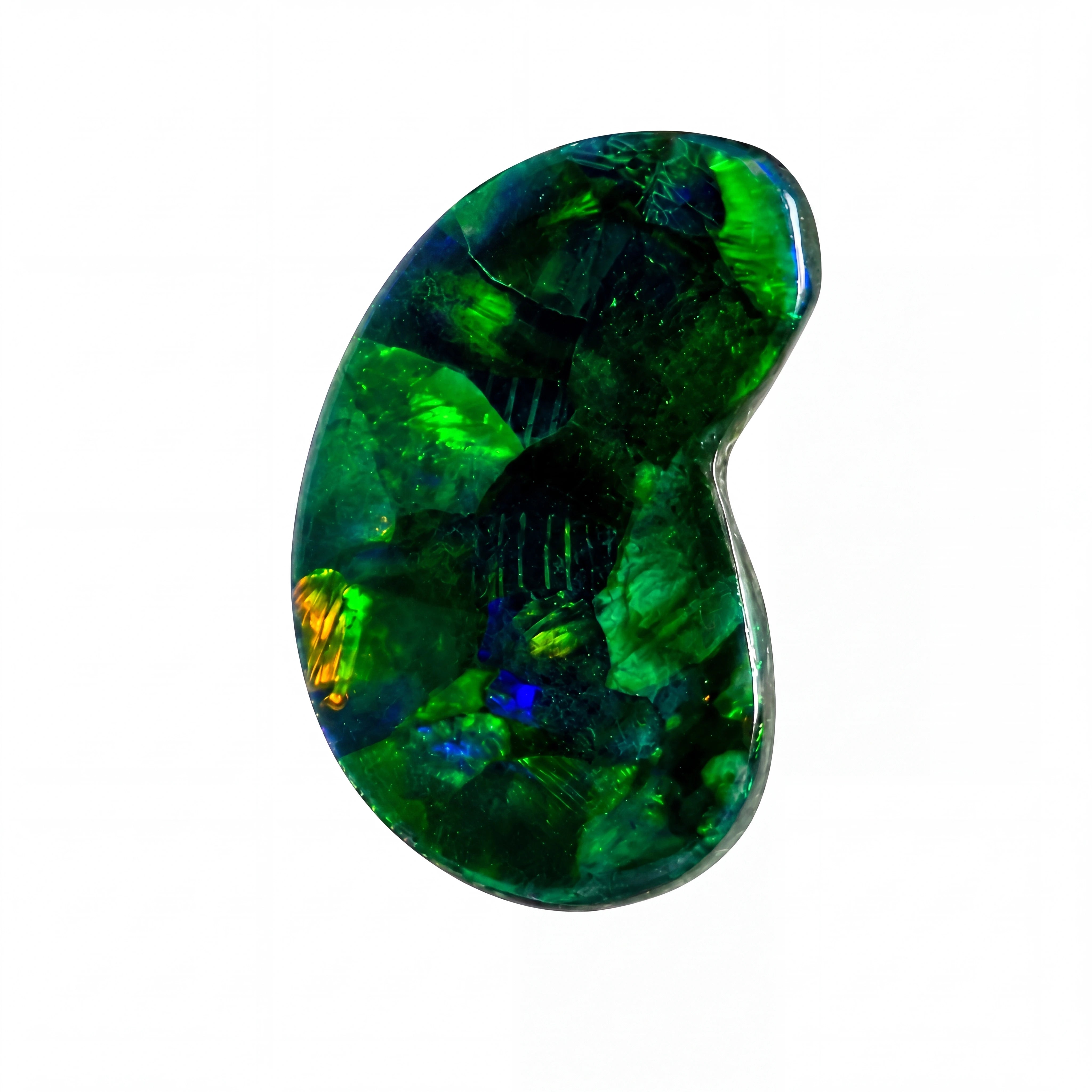 A polished natural opal cabochon with vibrant green, blue, and orange flashes, set against a solid white background.