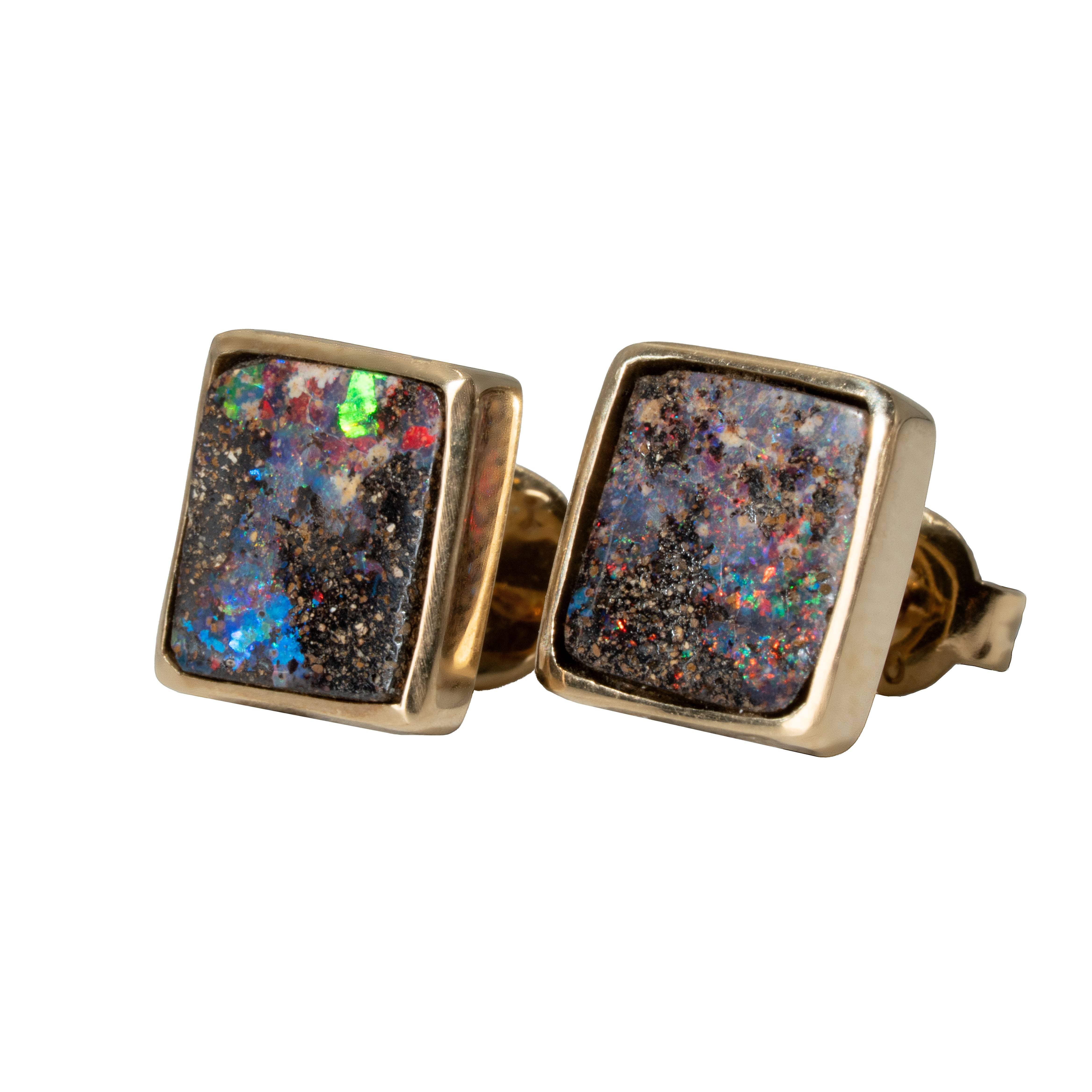 Boulder Opal Earrings in 14K Yellow Gold - Multicolour
