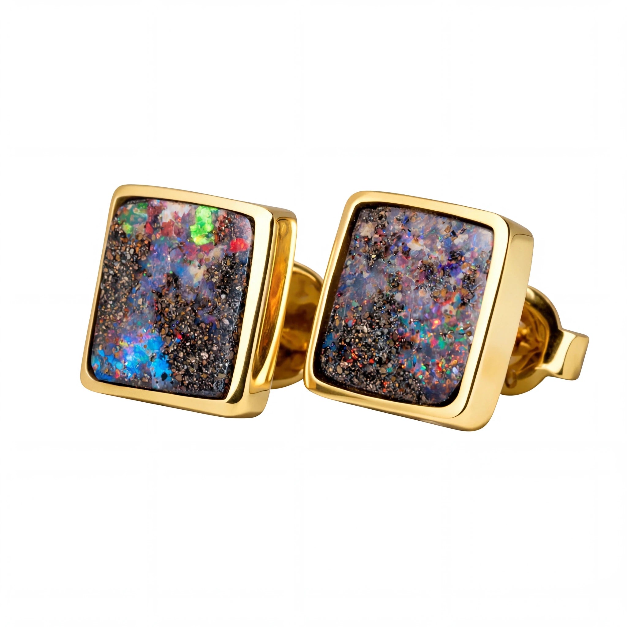 Boulder Opal Earrings in 14K Yellow Gold - Multicolour - Australian Opal Cutters and Pearl Divers