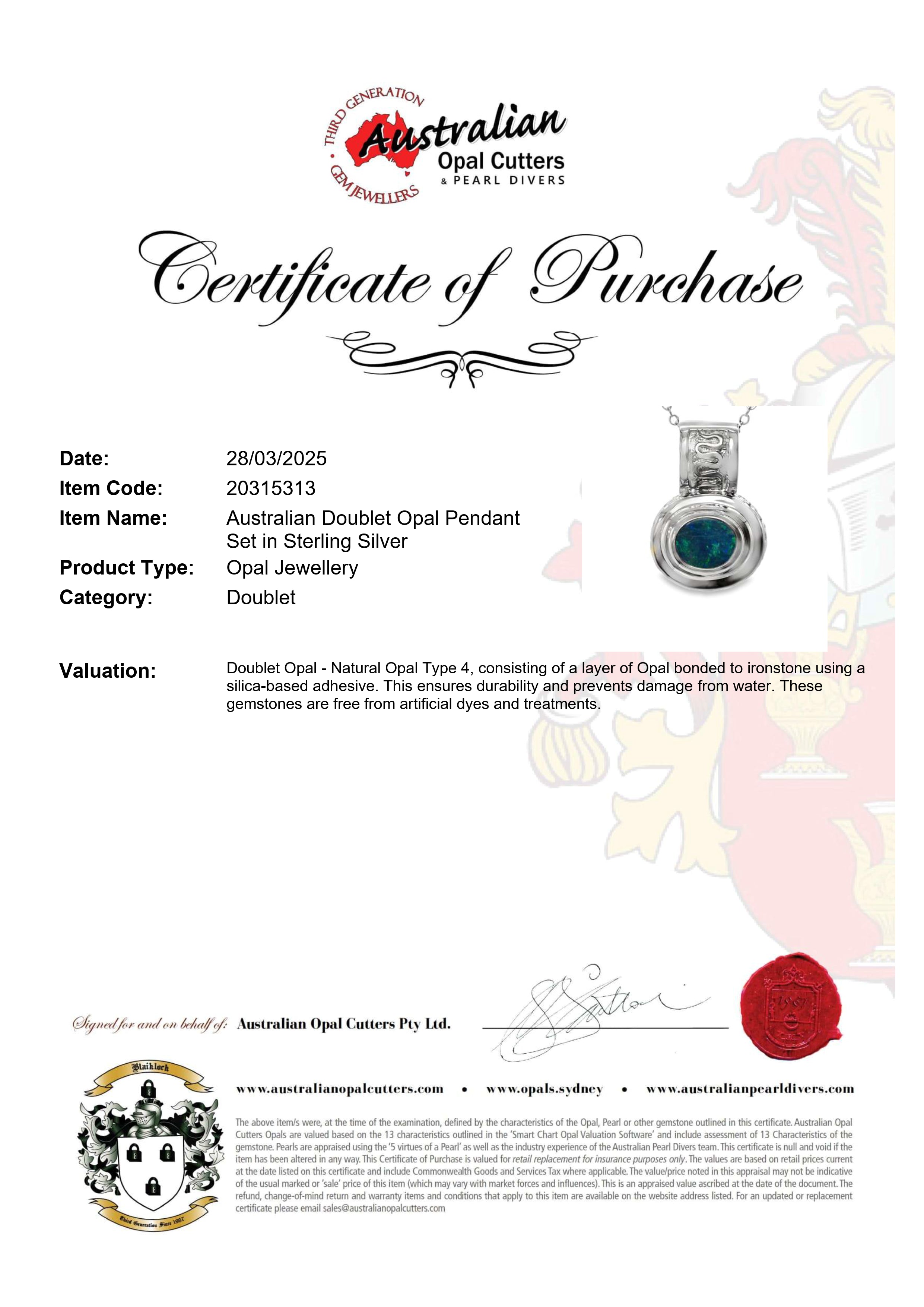 Doublet Opal Pendant in 925 Sterling Silver - Green-Blue