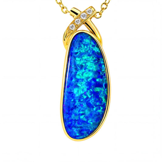 Doublet Opal Pendant in 14K Yellow Gold - Green-Blue - Australian Opal Cutters and Pearl Divers