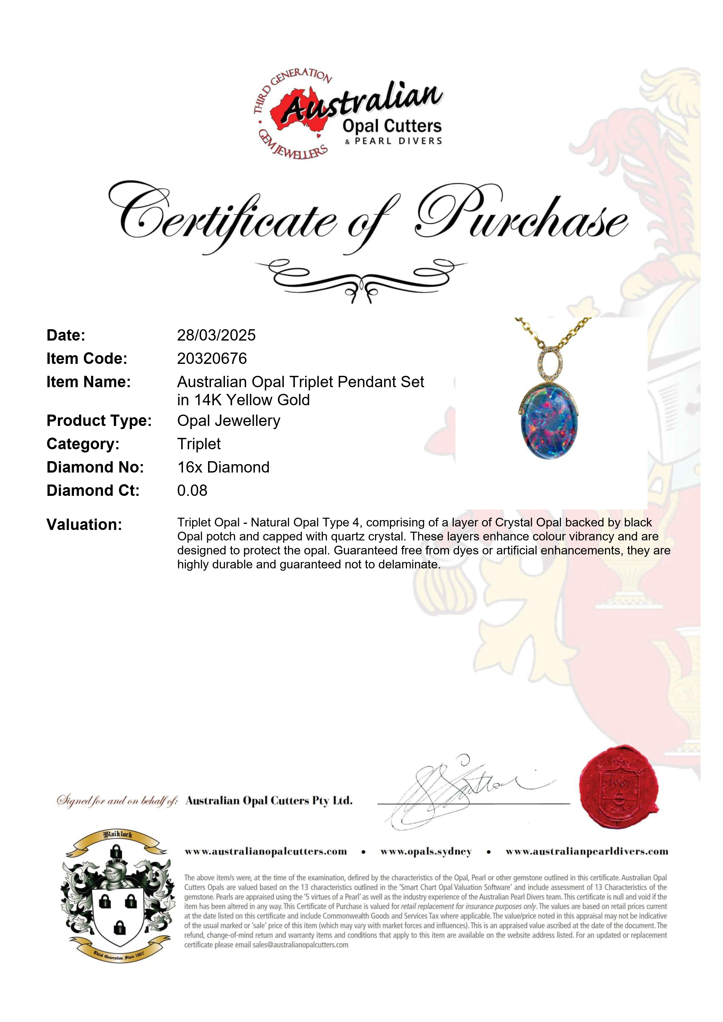 Triplet Opal Pendant in 14K Yellow Gold - Multicolour