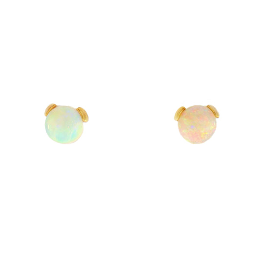 A pair of gold stud earrings featuring round, iridescent opal gemstones in a prong setting, shown against a plain white background.