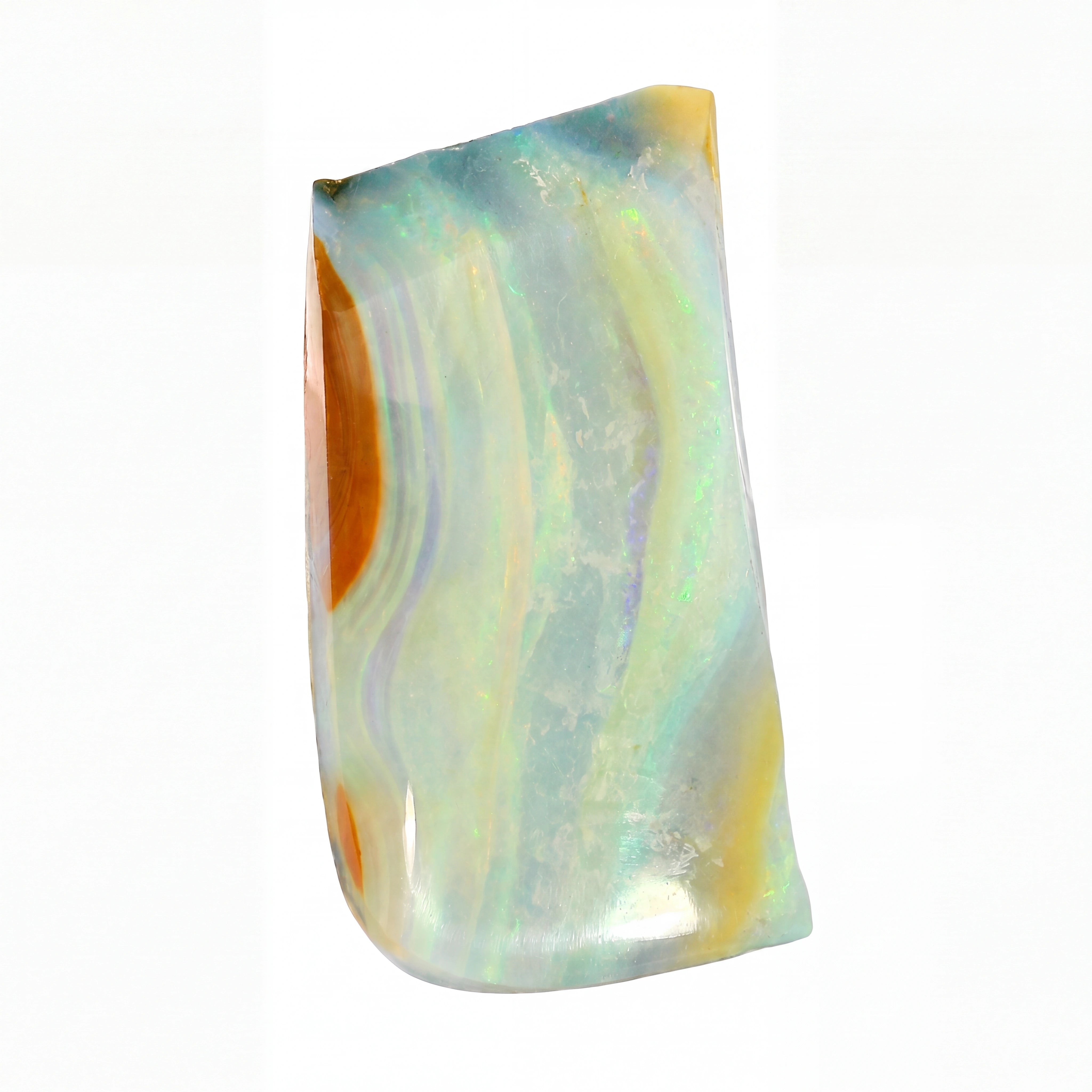 A polished, irregular-shaped opal stone with iridescent wavy bands of pale blue, cream, yellow, and orange, set against a plain white background.