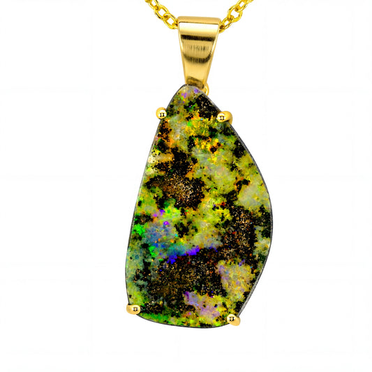 Boulder Opal Pendant in 14K Yellow Gold - Multicolour
