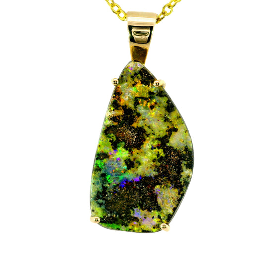 Boulder Opal Pendant in 14K Yellow Gold - Multicolour