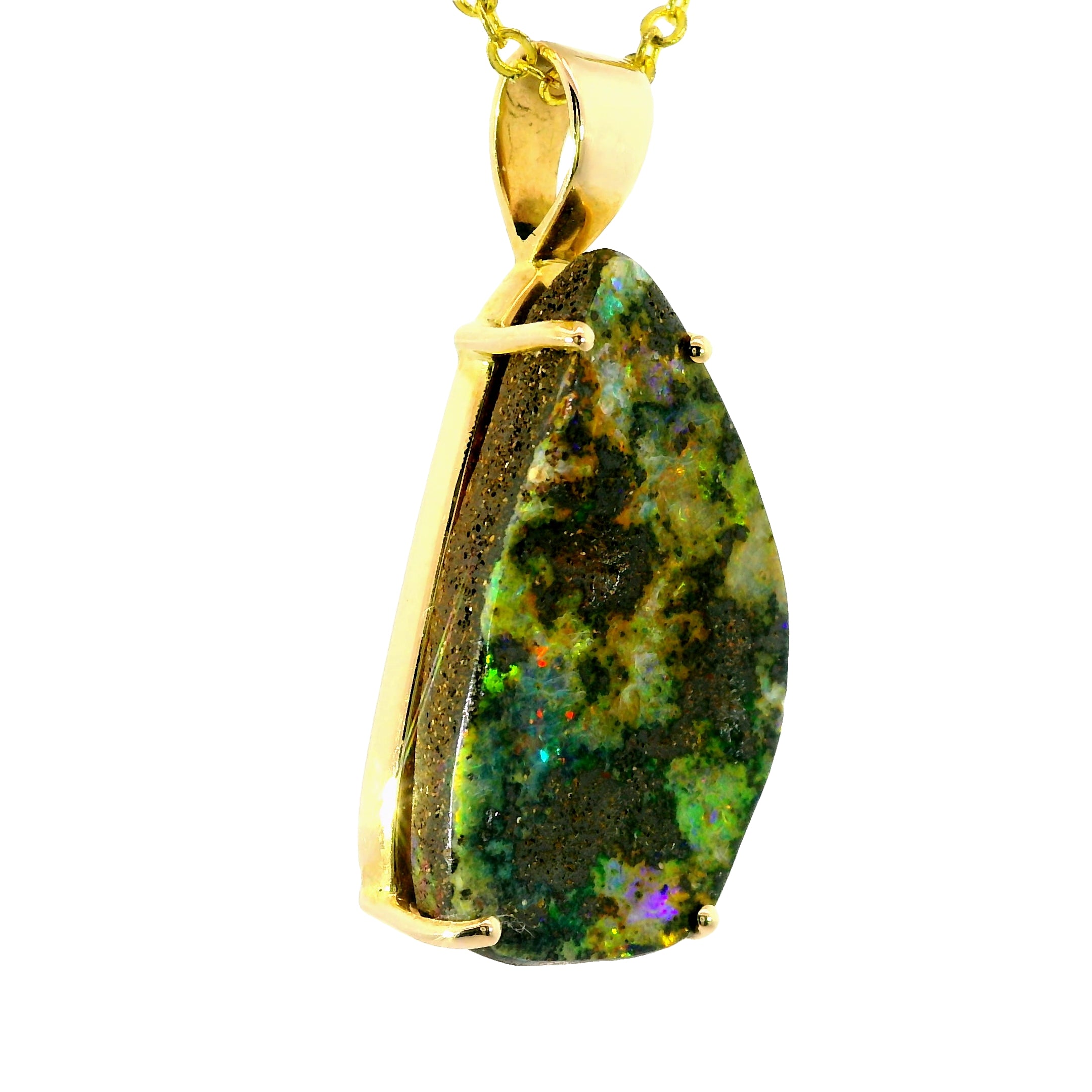 Boulder Opal Pendant in 14K Yellow Gold - Multicolour