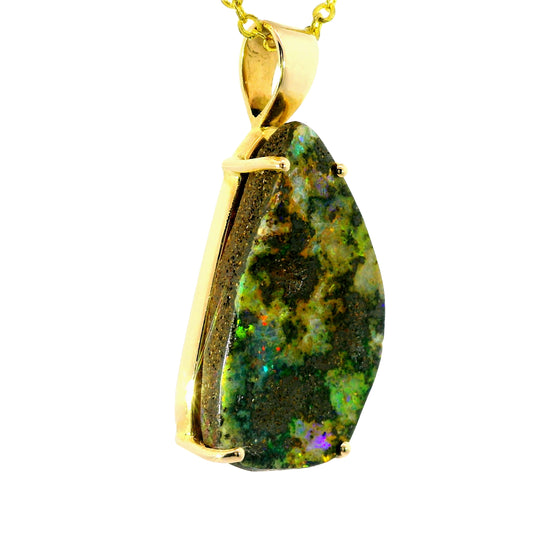 Boulder Opal Pendant in 14K Yellow Gold - Multicolour