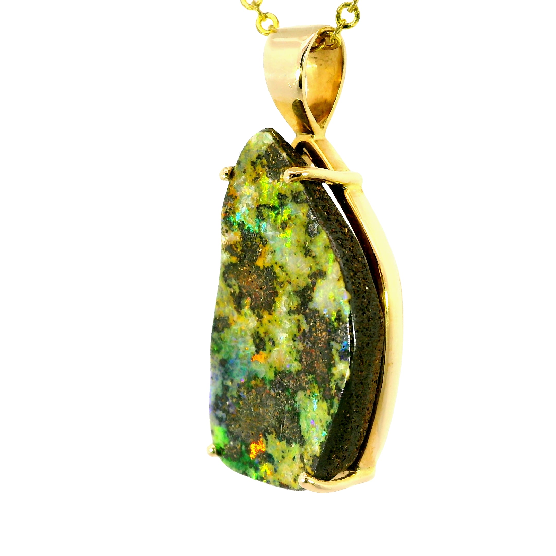 Boulder Opal Pendant in 14K Yellow Gold - Multicolour