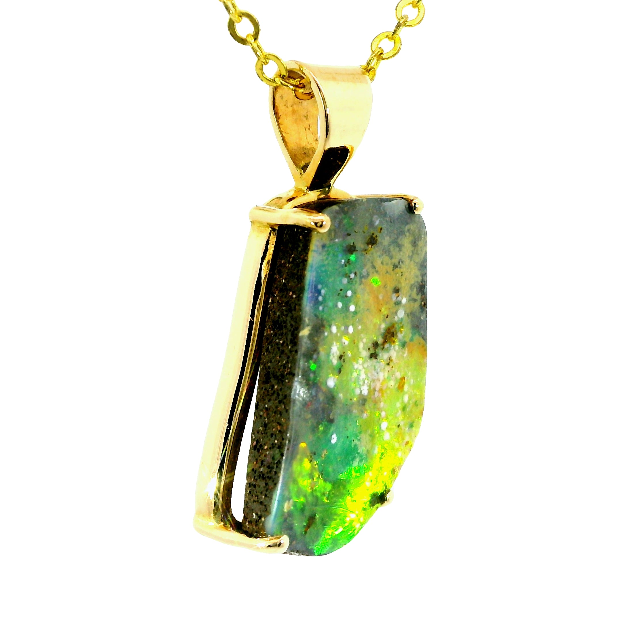 Boulder Opal Pendant in 14K Yellow Gold - Multicolour