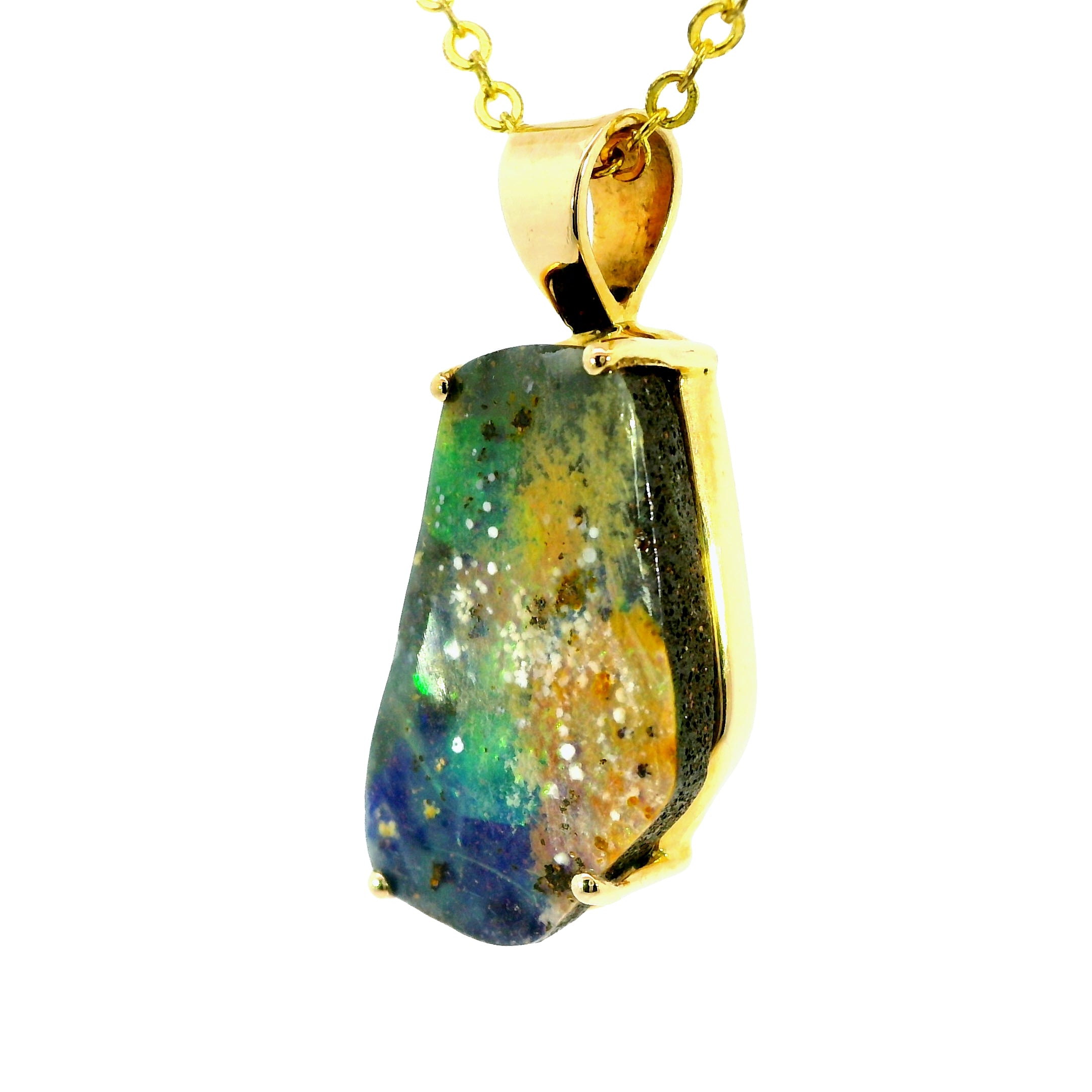 Boulder Opal Pendant in 14K Yellow Gold - Multicolour