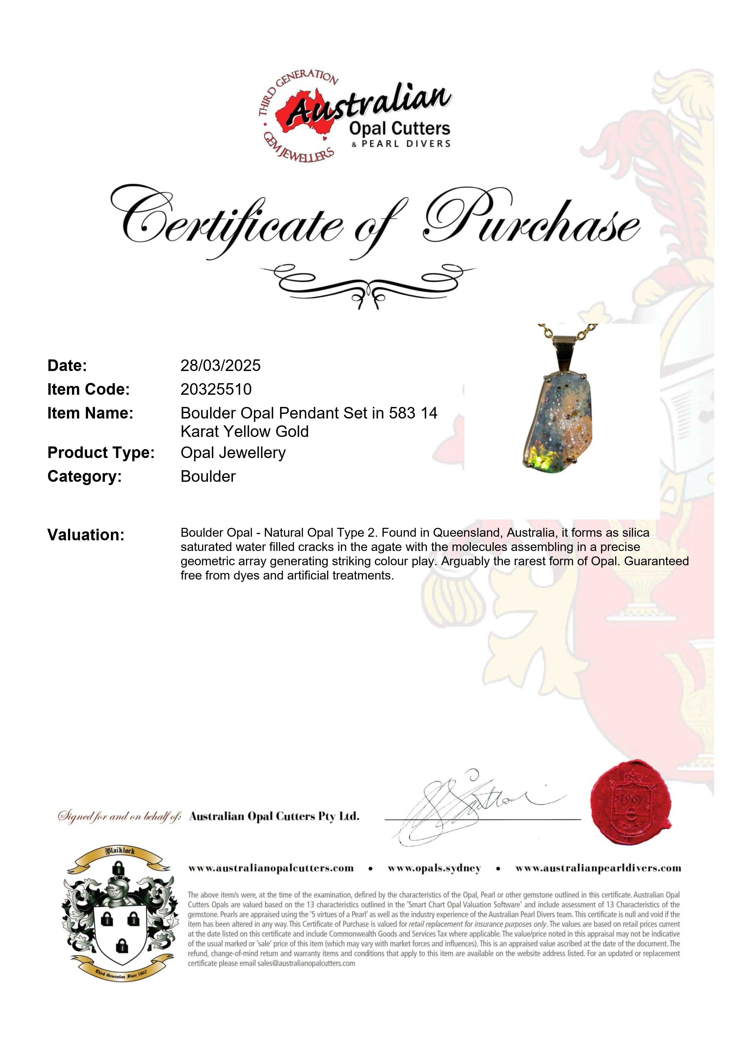 Boulder Opal Pendant in 14K Yellow Gold - Multicolour