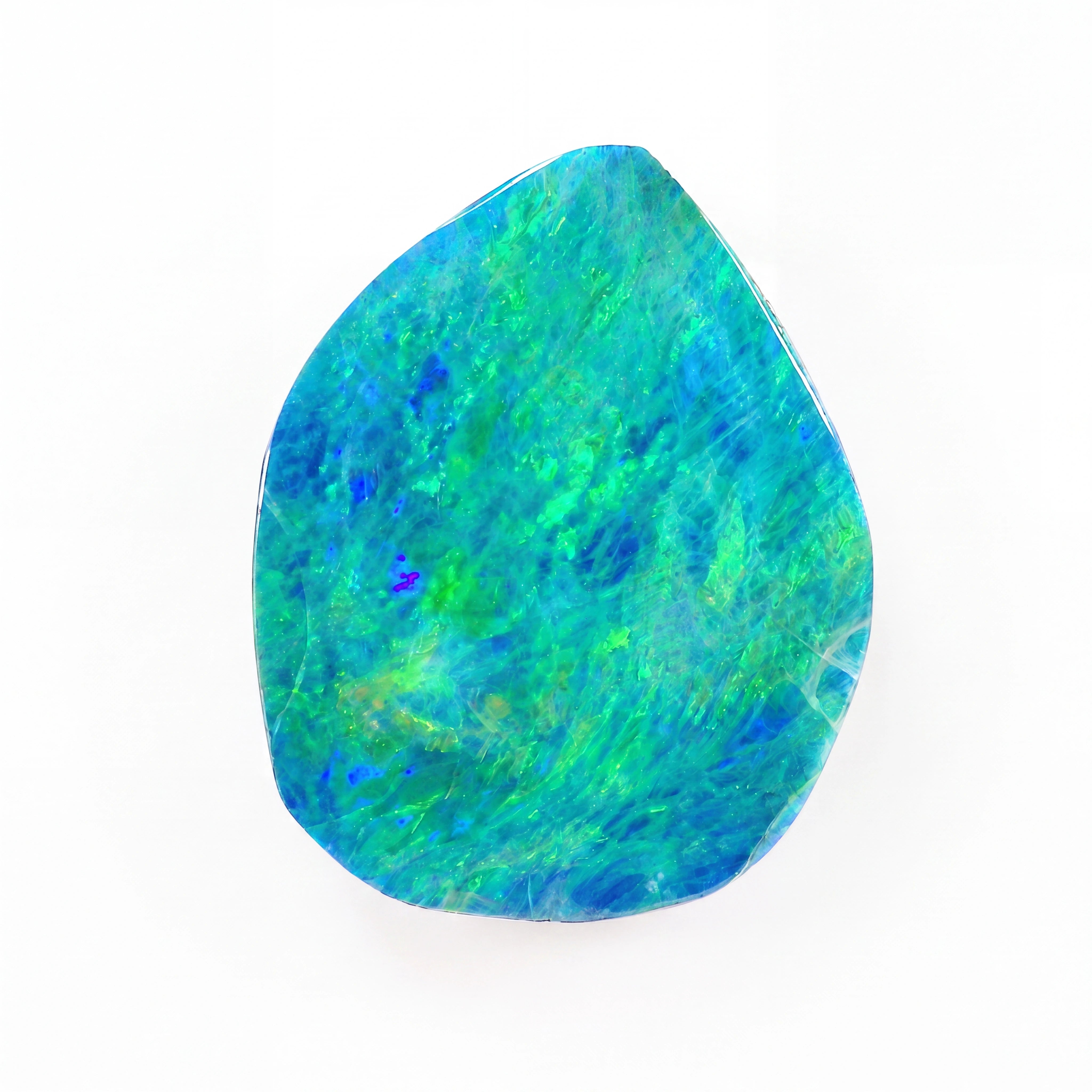 A teardrop-shaped loose opal gemstone displaying vibrant green, blue, and light grey iridescent patterns, isolated on a solid black background.