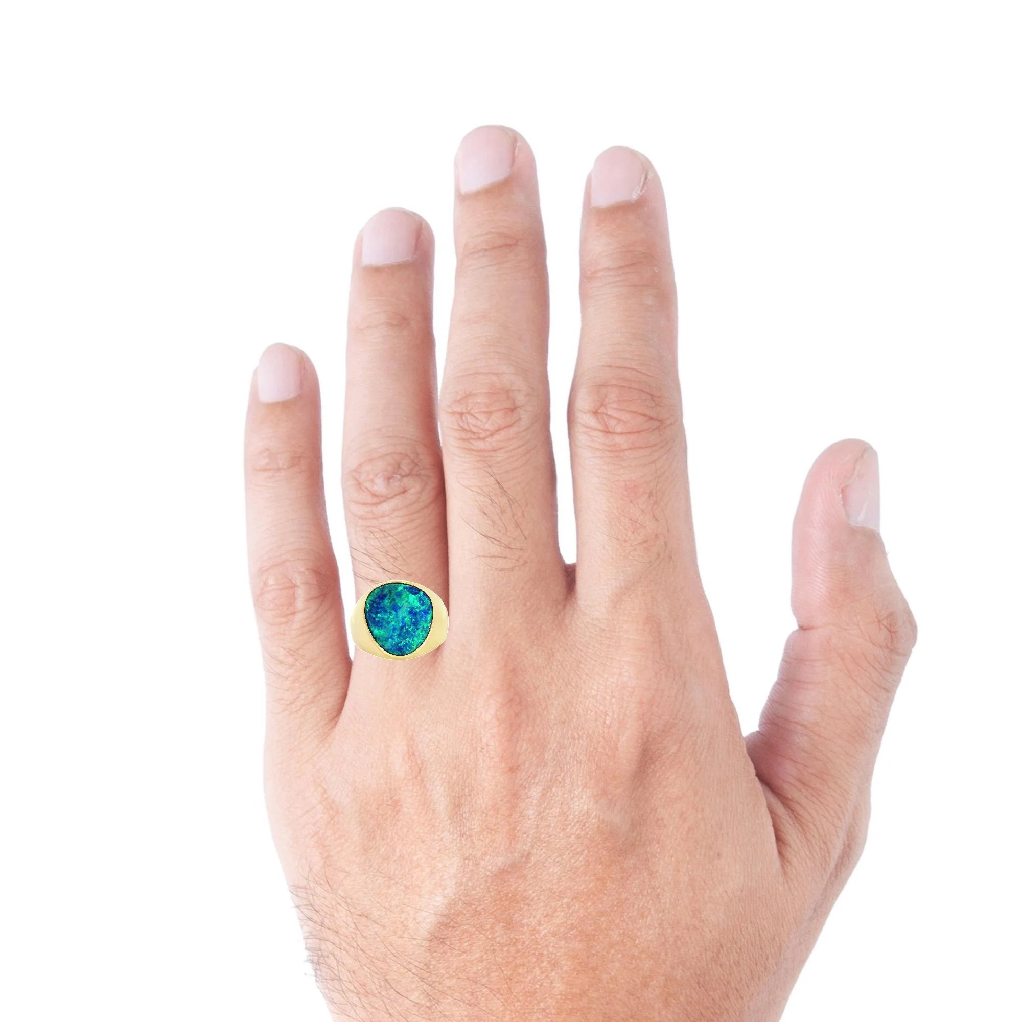 Doublet Opal Men's Ring in 14K Yellow Gold - Green-Blue