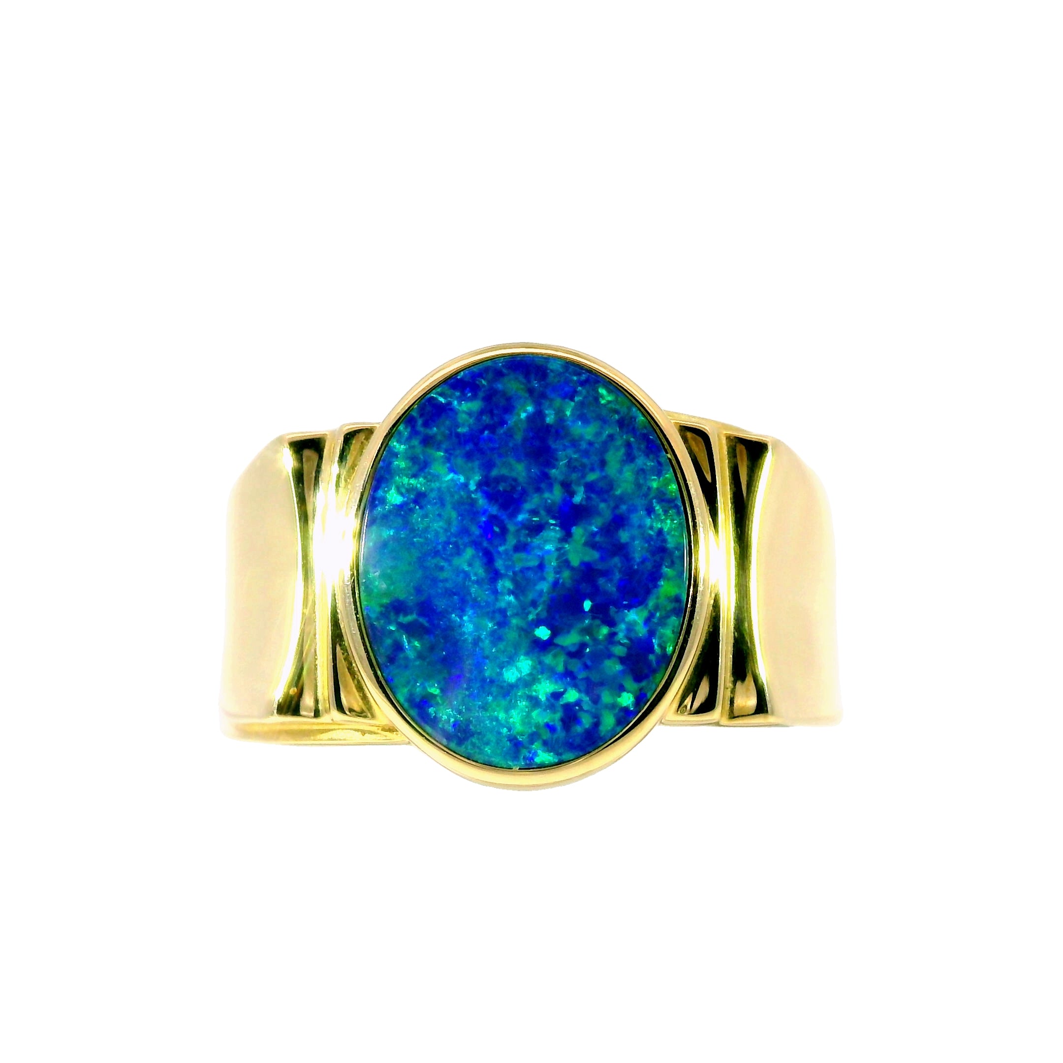 Doublet Opal Men's Ring in 14K Yellow Gold - Green-Blue