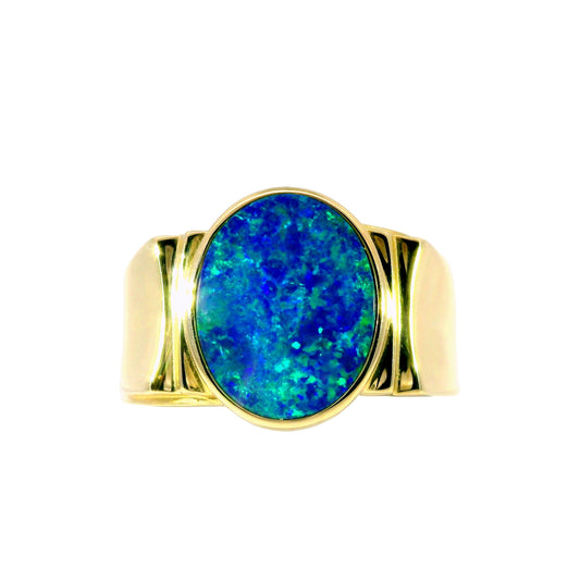 Doublet Opal Men's Ring in 14K Yellow Gold - Green-Blue