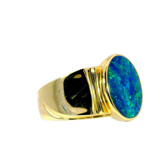 Doublet Opal Men's Ring in 14K Yellow Gold - Green-Blue