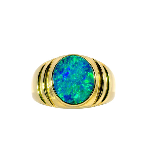 Doublet Opal Men's Ring in 14K Yellow Gold - Green-Blue