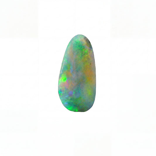 A polished teardrop-shaped opal gemstone displaying vibrant flashes of green, blue, orange, and purple on a solid white background.