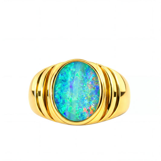 Doublet Opal Men's Ring in 14K Yellow Gold - Multicolour
