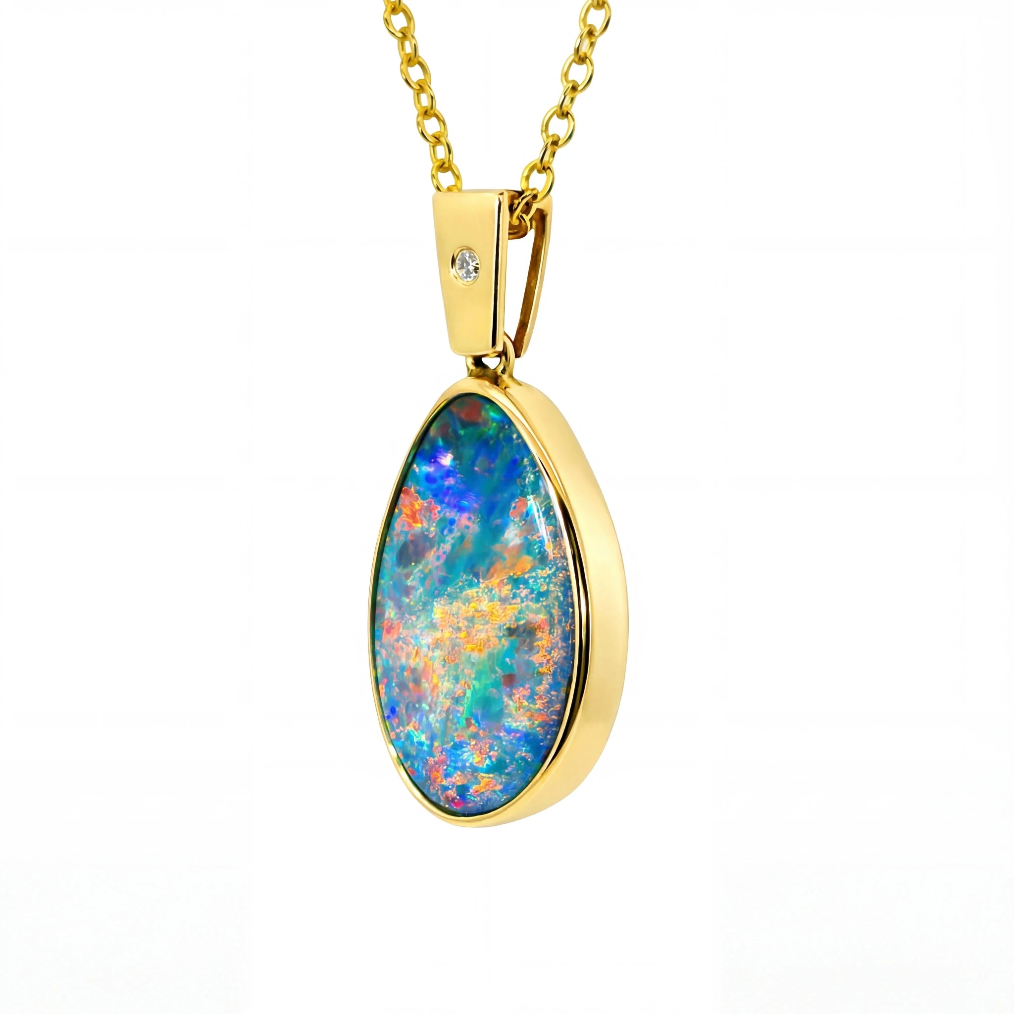 Doublet Opal Pendant in 14K Yellow Gold - Multicolour - Australian Opal Cutters and Pearl Divers