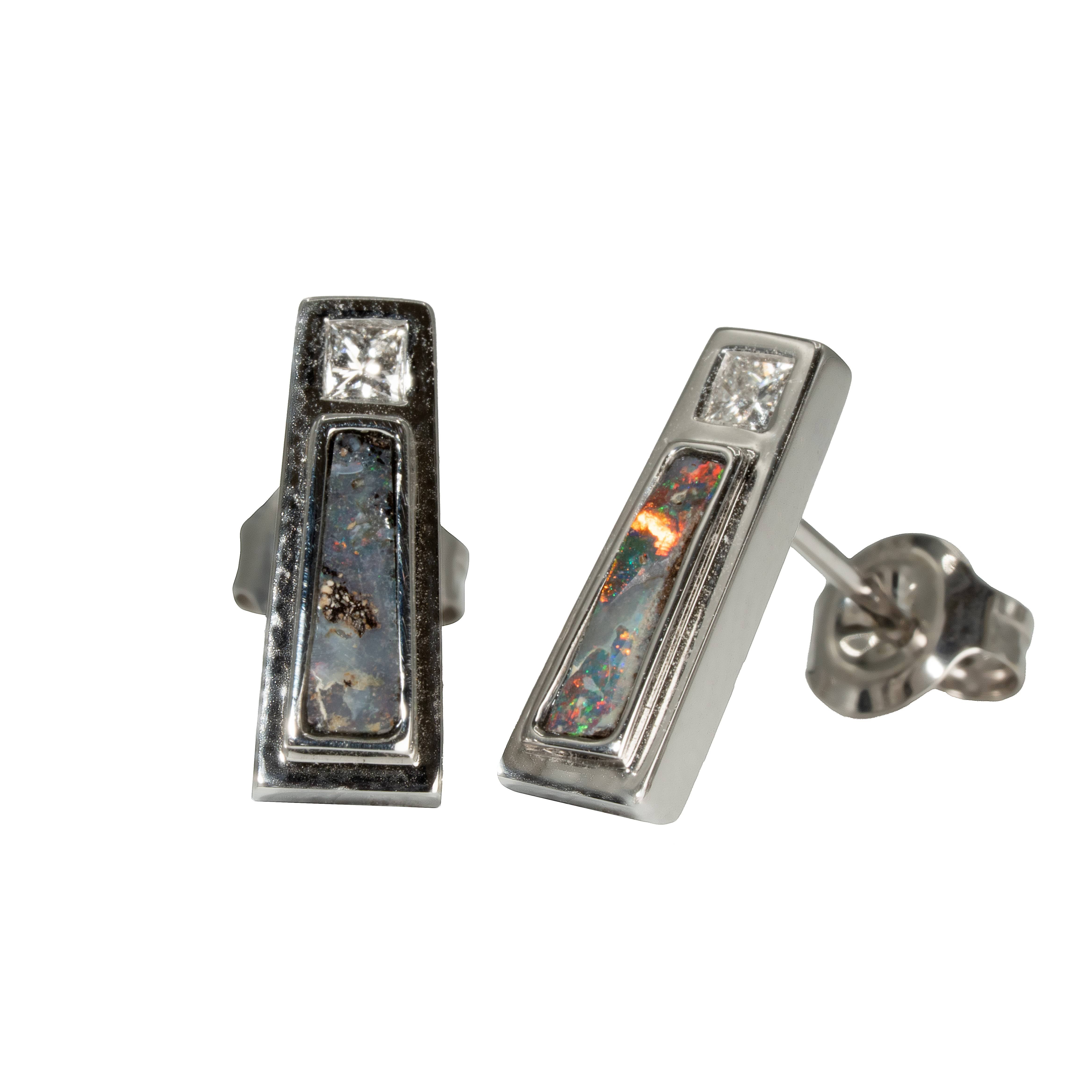 Boulder Opal Earrings in 14K White Gold - Multicolour